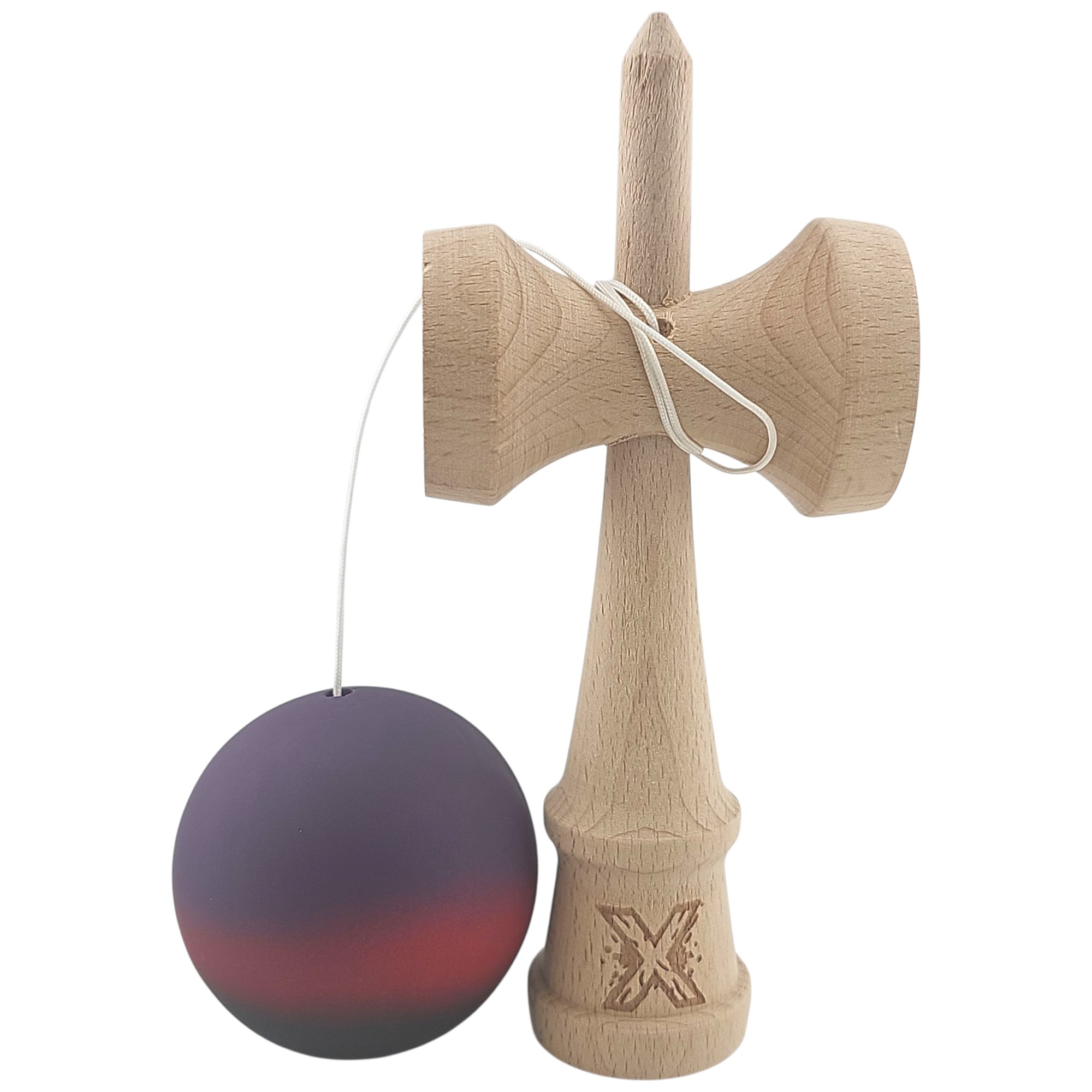 Kendama X Originala, Profesionala, Flippy, din Lemn, Rubber Grip, 18 cm, Mov/Rosu/Negru