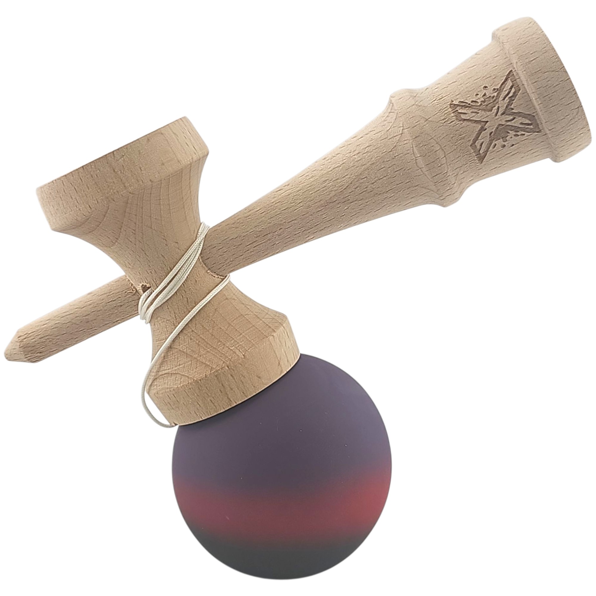 Kendama X Originala, Profesionala, Flippy, din Lemn, Rubber Grip, 18 cm, Mov/Rosu/Negru