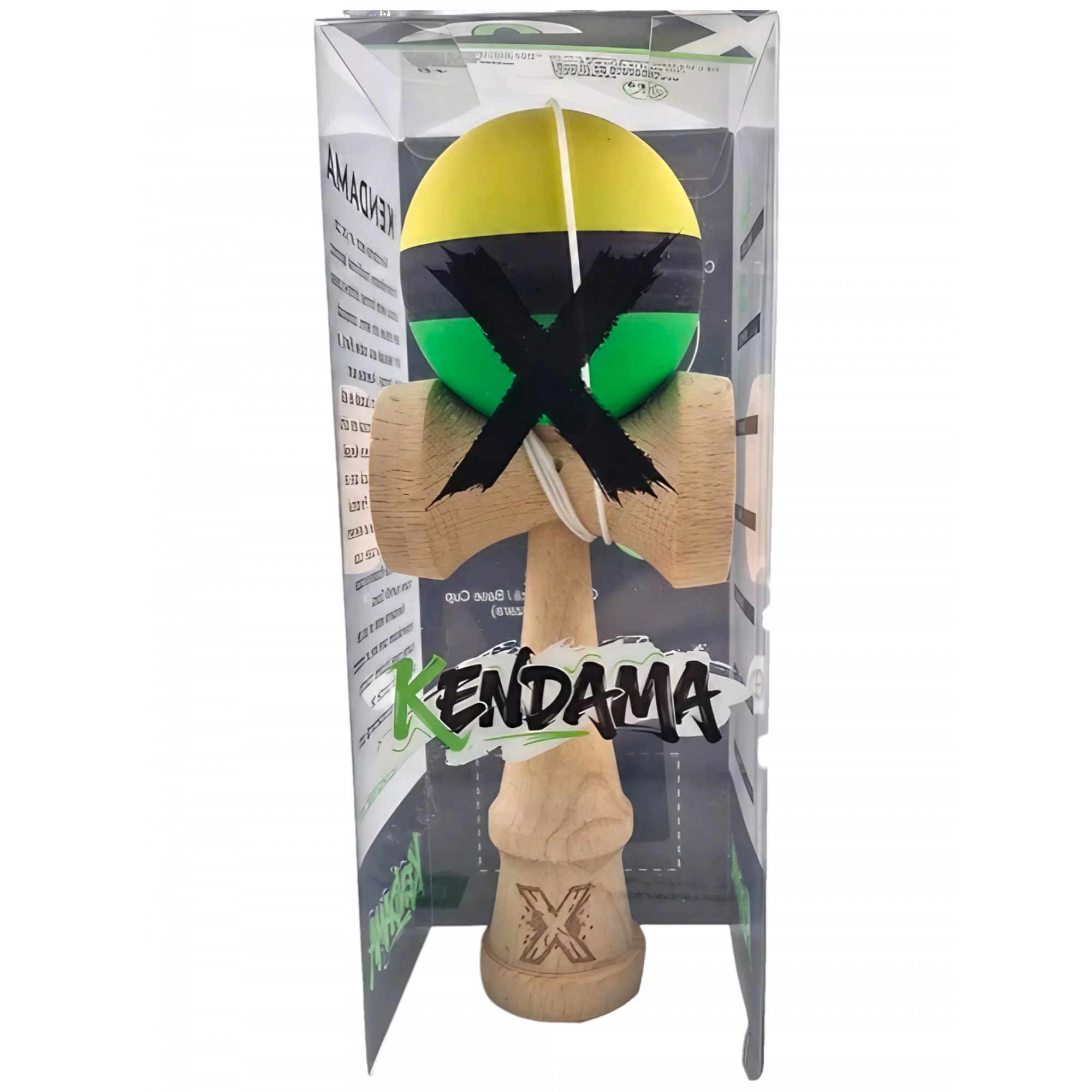 Kendama X Originala, Profesionala, Flippy, din Lemn, Rubber Grip, 18 cm, Galben/Negru/Verde