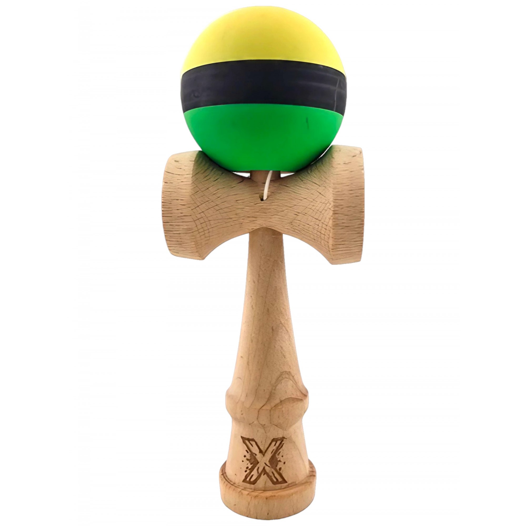 Kendama X Originala, Profesionala, Flippy, din Lemn, Rubber Grip, 18 cm, Galben/Negru/Verde
