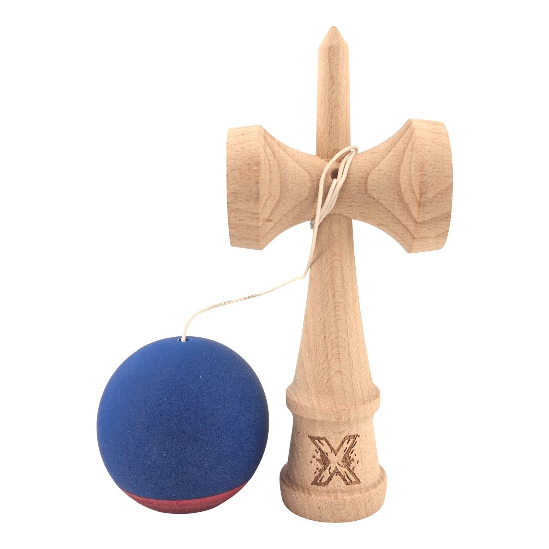 Kendama X Originala, Profesionala, Flippy, din Lemn, 18 cm, Rubber Grip, Albastru inchis/Rosu