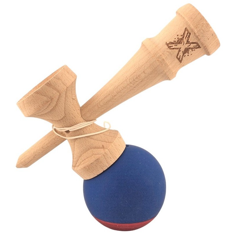 Kendama X Originala, Profesionala, Flippy, din Lemn, 18 cm, Rubber Grip, Albastru inchis/Rosu