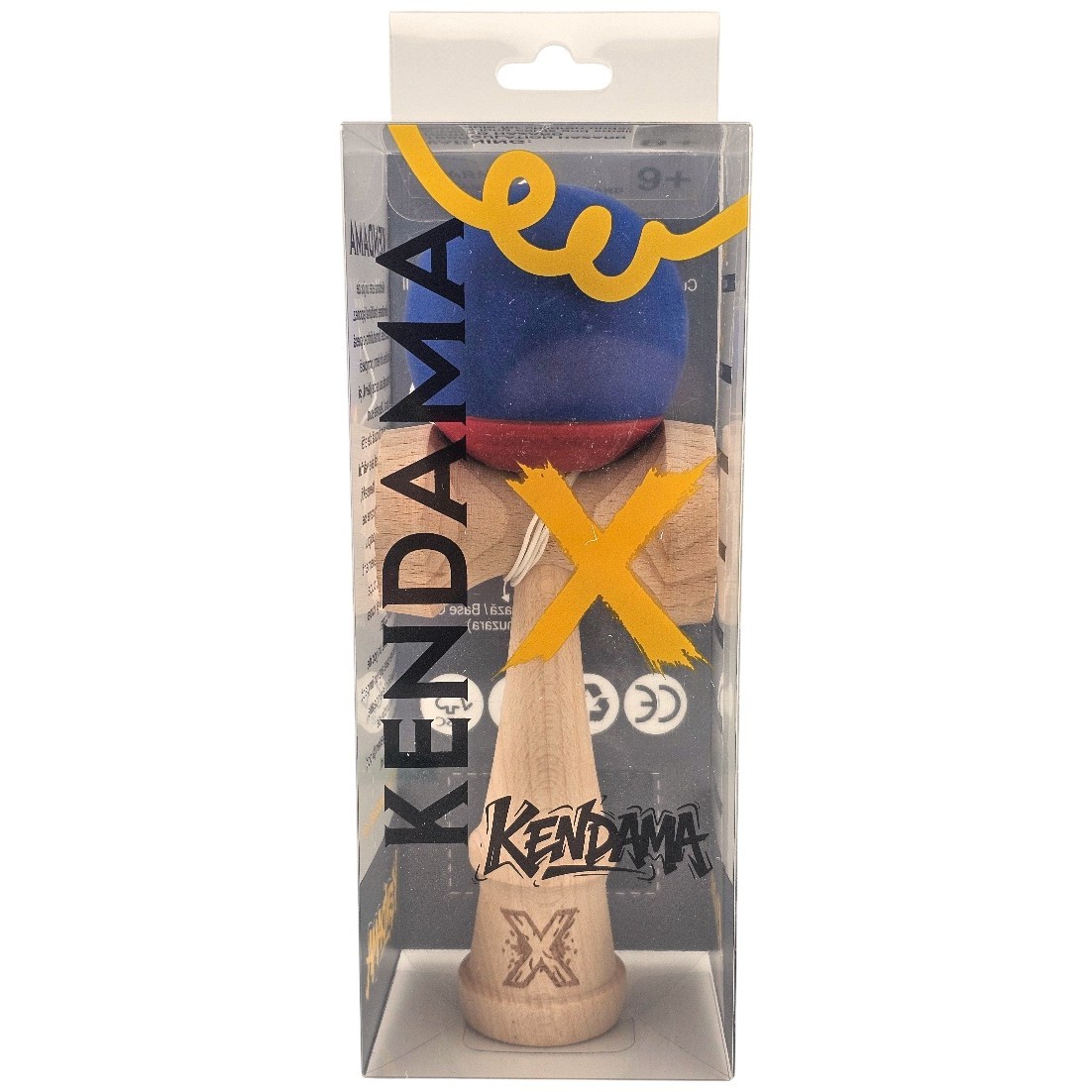 Kendama X Originala, Profesionala, Flippy, din Lemn, 18 cm, Rubber Grip, Albastru inchis/Rosu