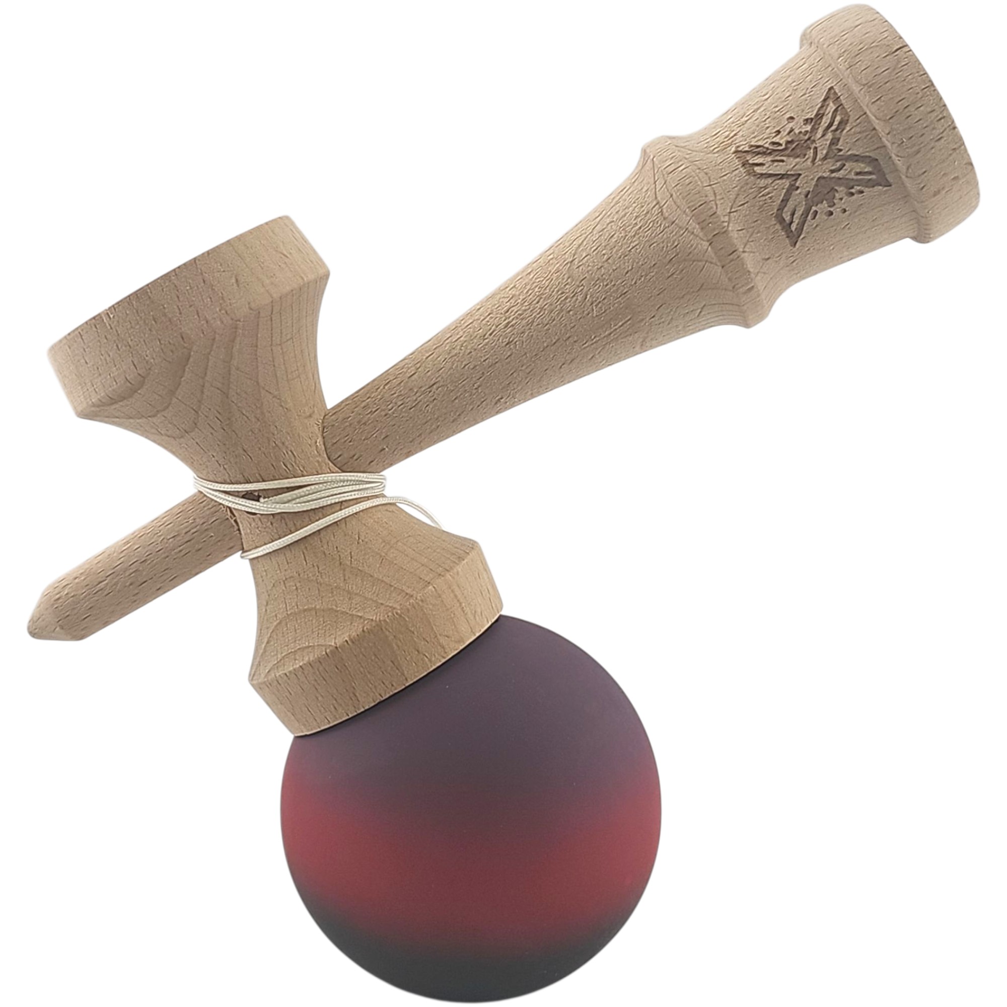 Kendama X Originala, Profesionala, Flippy, 18 cm, din Lemn, Rubber Grip, Mov/Rosu/Negru