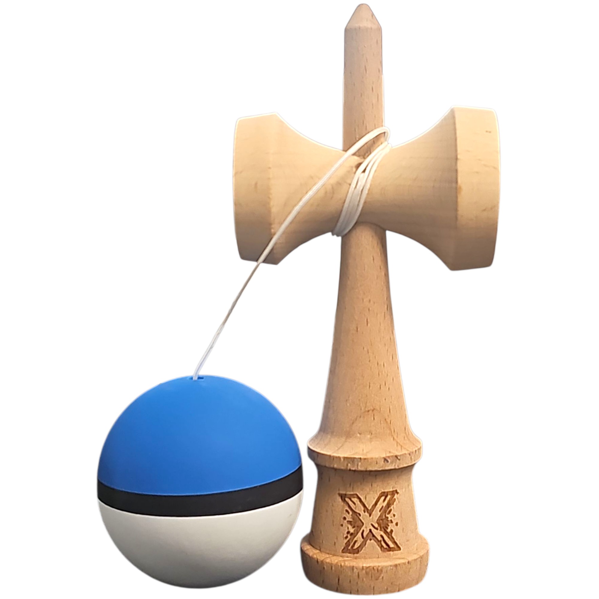 Kendama X Originala, Profesionala, Flippy, din Lemn, 18 cm, Rubber Grip, Albastru/Negru/Alb