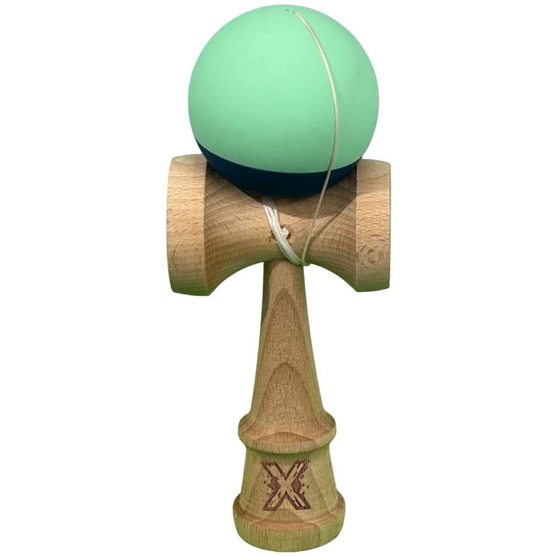 Kendama X Originala, Profesionala, Flippy, din Lemn, Rubber Grip, 18 cm, Verde deschis/Albastru