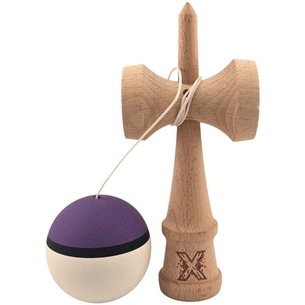 Kendama X Originala, Profesionala, Flippy, din Lemn, Rubber Grip, 18 cm, Mov/Negru/Alb