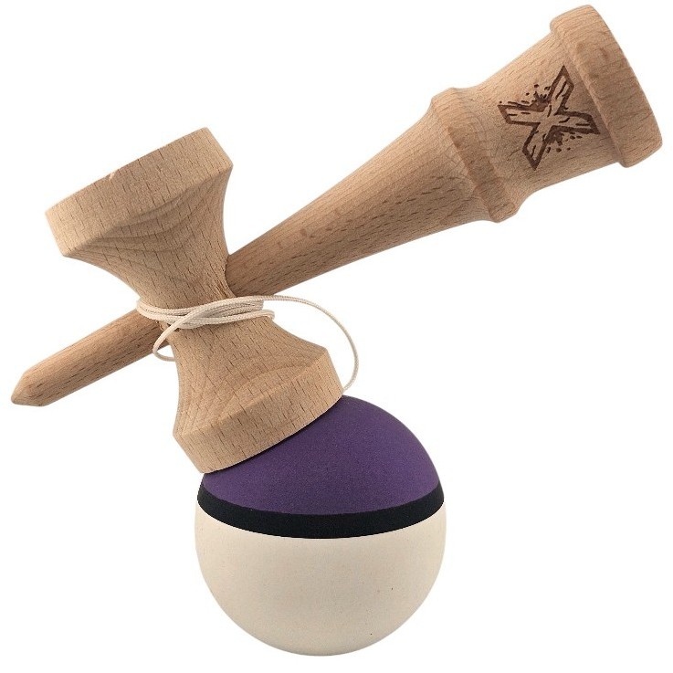 Kendama X Originala, Profesionala, Flippy, din Lemn, Rubber Grip, 18 cm, Mov/Negru/Alb