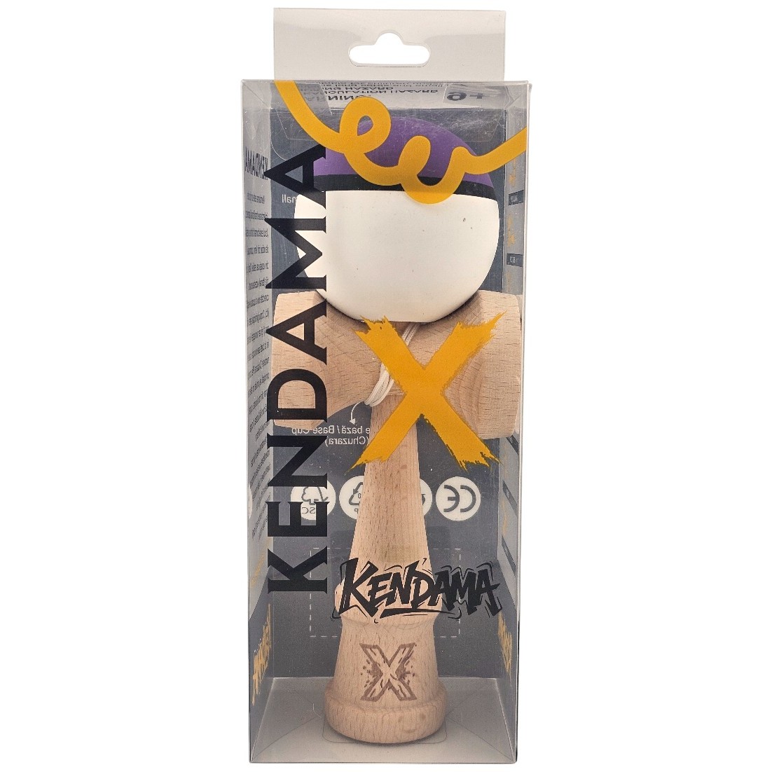Kendama X Originala, Profesionala, Flippy, din Lemn, Rubber Grip, 18 cm, Mov/Negru/Alb