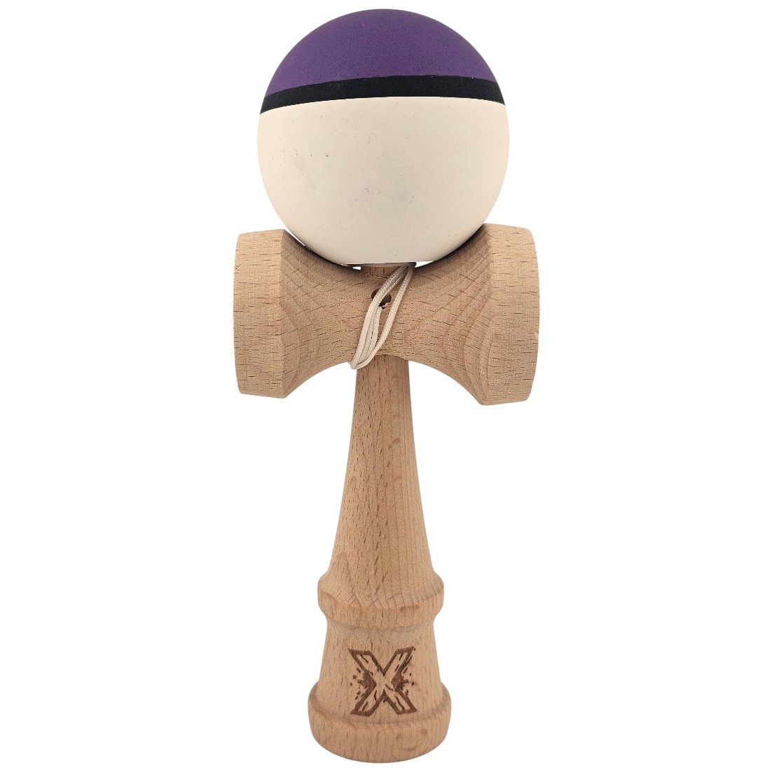 Kendama X Originala, Profesionala, Flippy, din Lemn, Rubber Grip, 18 cm, Mov/Negru/Alb