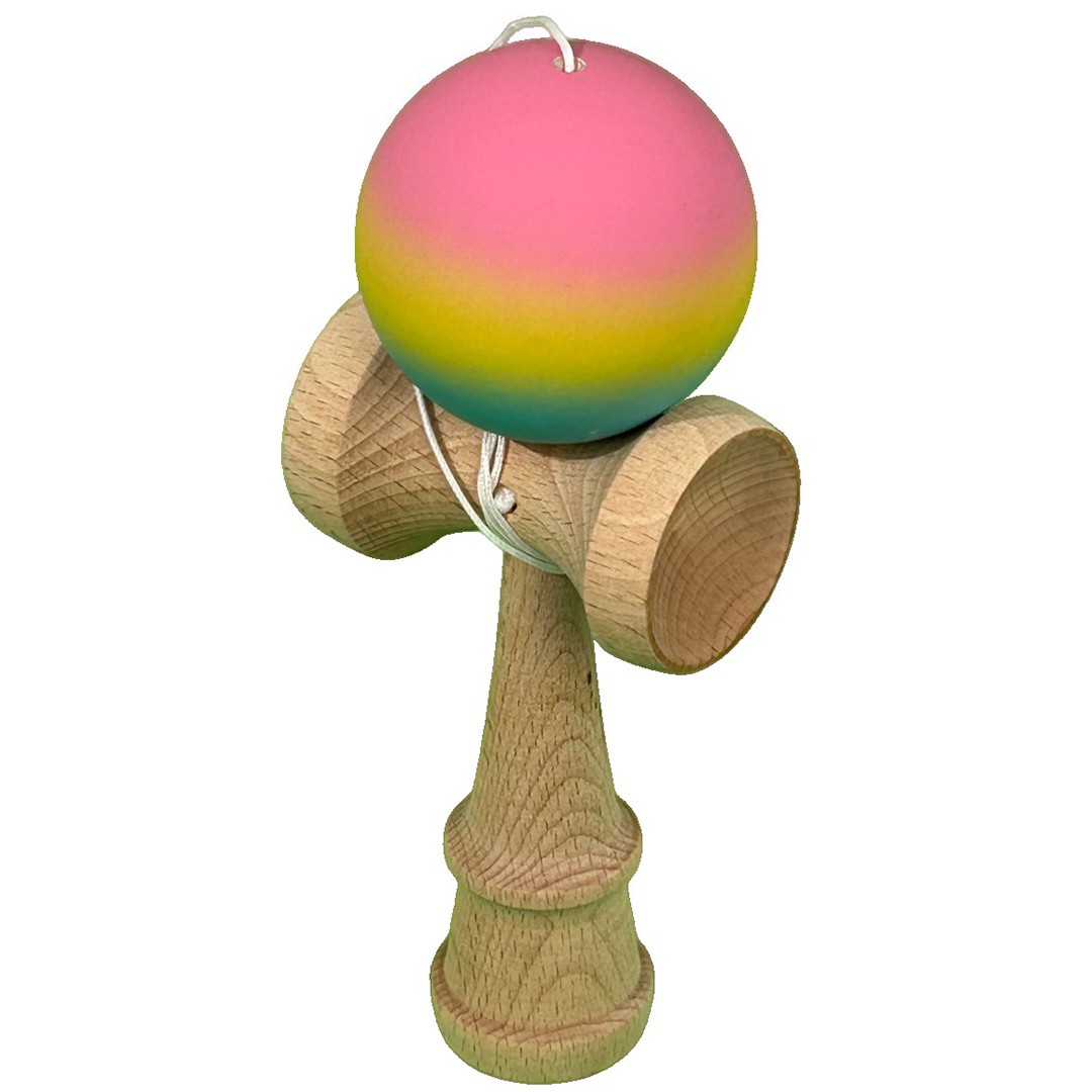 Jucarie Interactiva Kendama Profesionala, Flippy, din Lemn, 18 cm, Joc de Indemanare pentru Copii si Adulti, Gradient Roz Galben Albastru