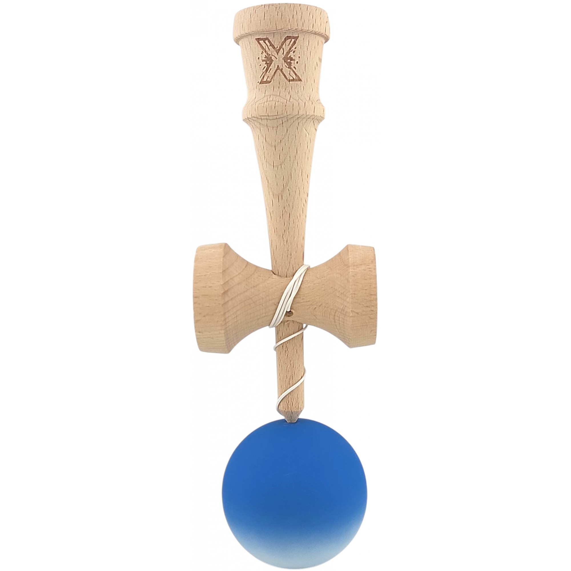 Kendama X Originala, Profesionala, Flippy, din Lemn, Rubber Grip, 18 cm, Albastru/Alb
