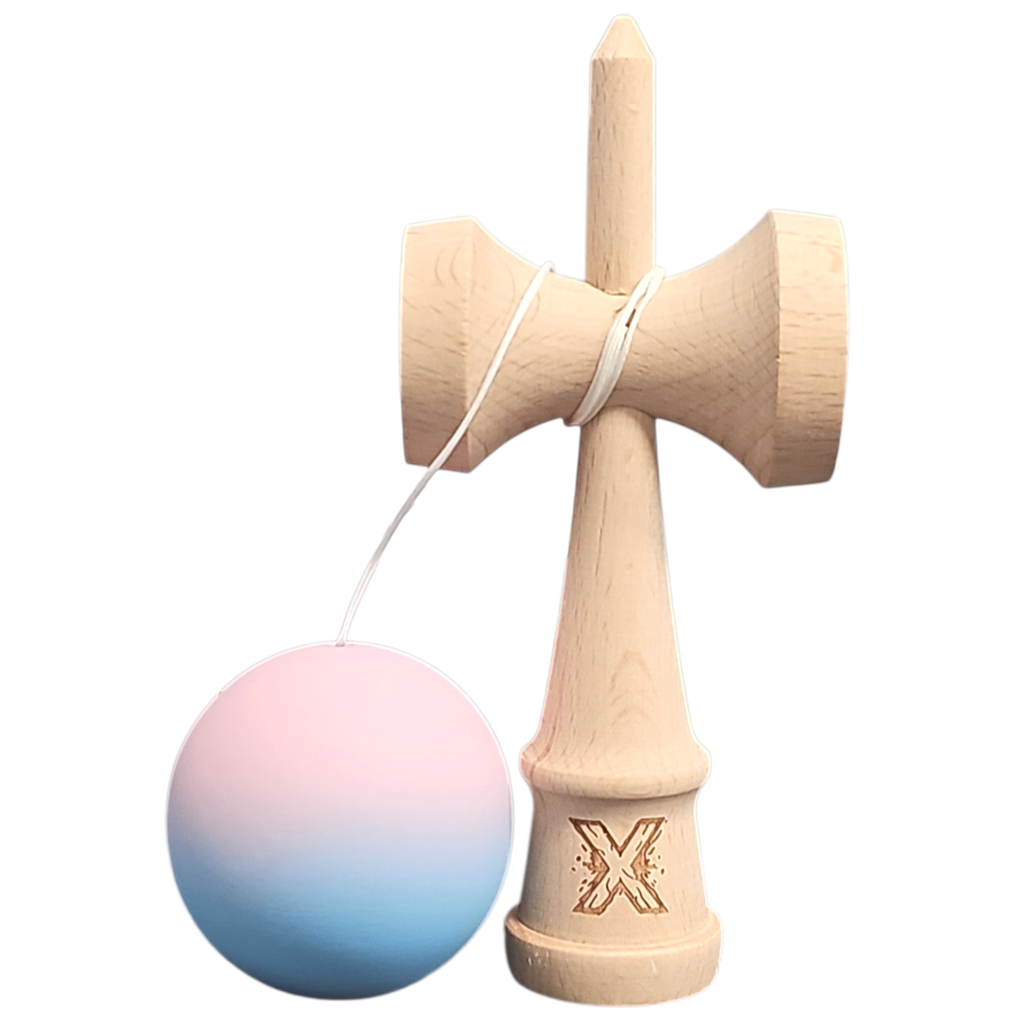 Kendama X Originala, Profesionala, Flippy, din Lemn, Rubber Grip, 18 cm, Lila/Turcoaz