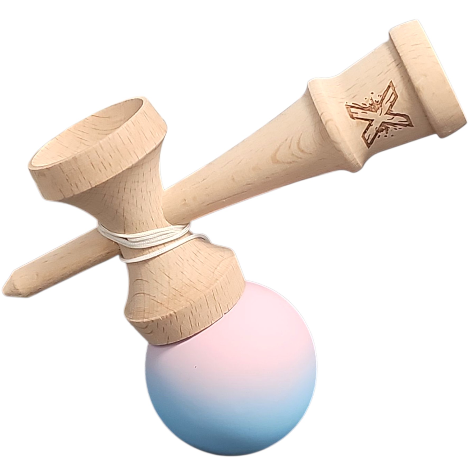 Kendama X Originala, Profesionala, Flippy, din Lemn, Rubber Grip, 18 cm, Lila/Turcoaz