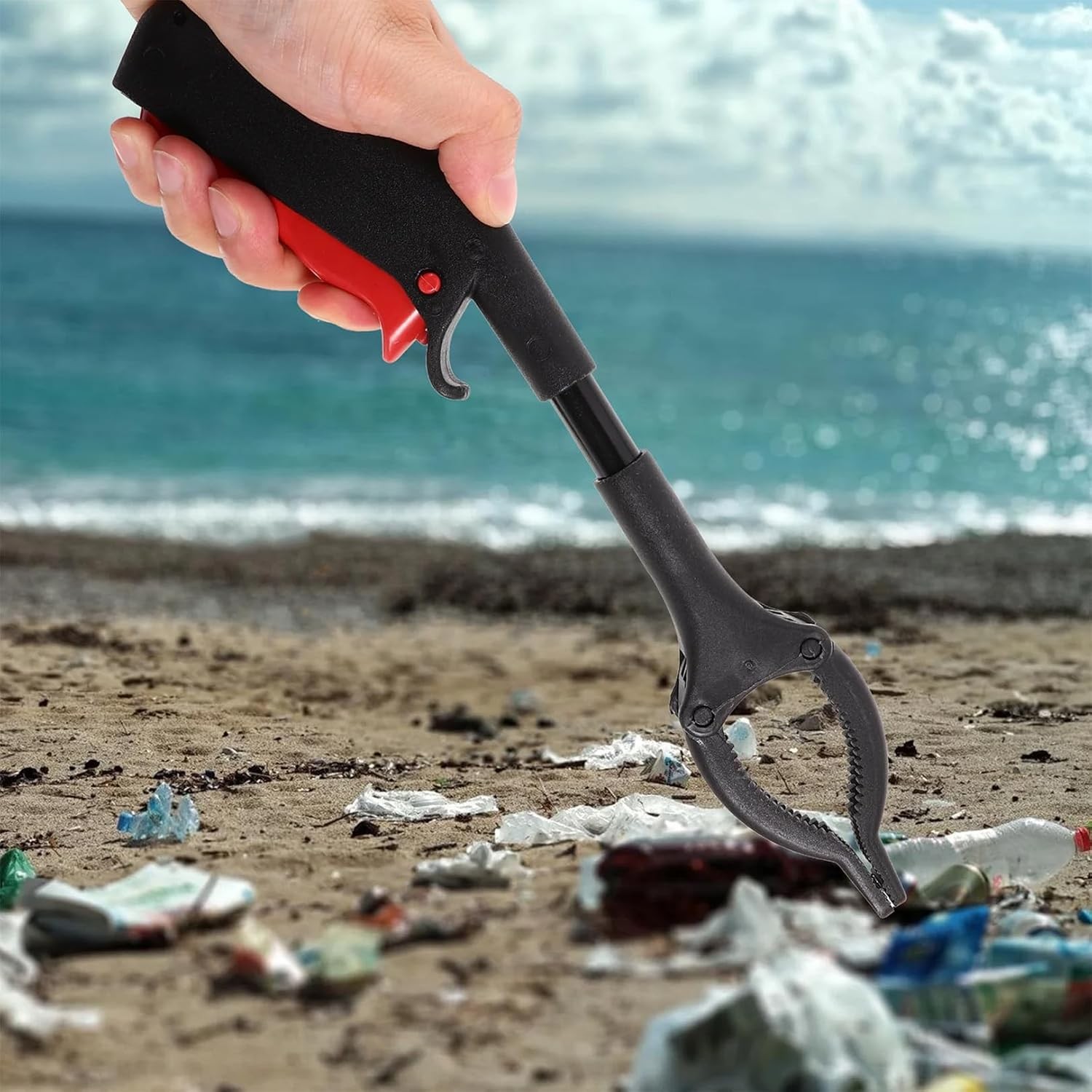 Cleste pentru Colectarea Deseurilor, Flippy, din Metal si Plastic, 30 cm, Fara Maini Murdare, Negru/Rosu