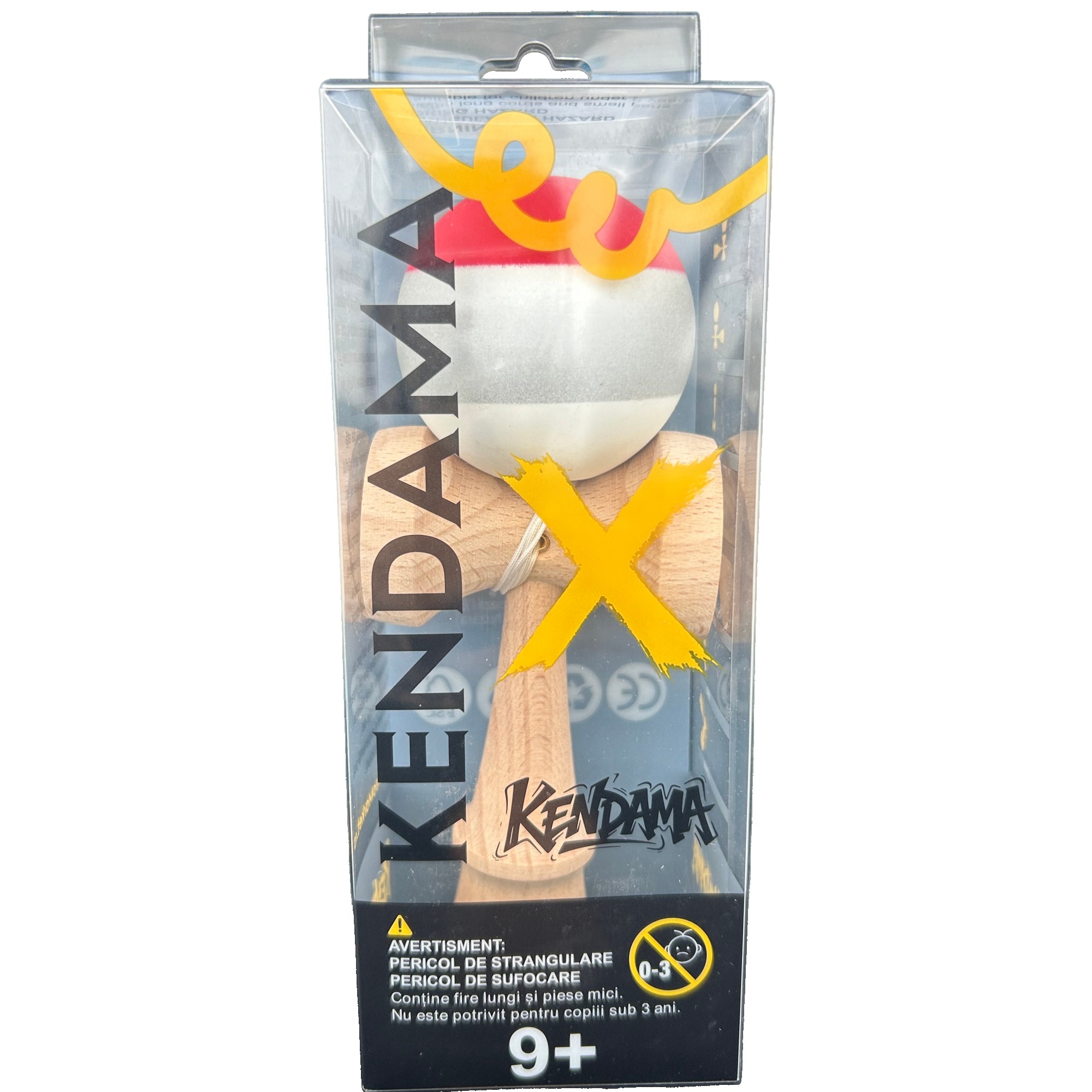 Jucarie Interactiva Kendama Profesionala, Flippy, din Lemn, 18 x 7 x 6 cm, Joc de Indemanare pentru Copii si Adulti, Multicolor Rosu Gri Alb