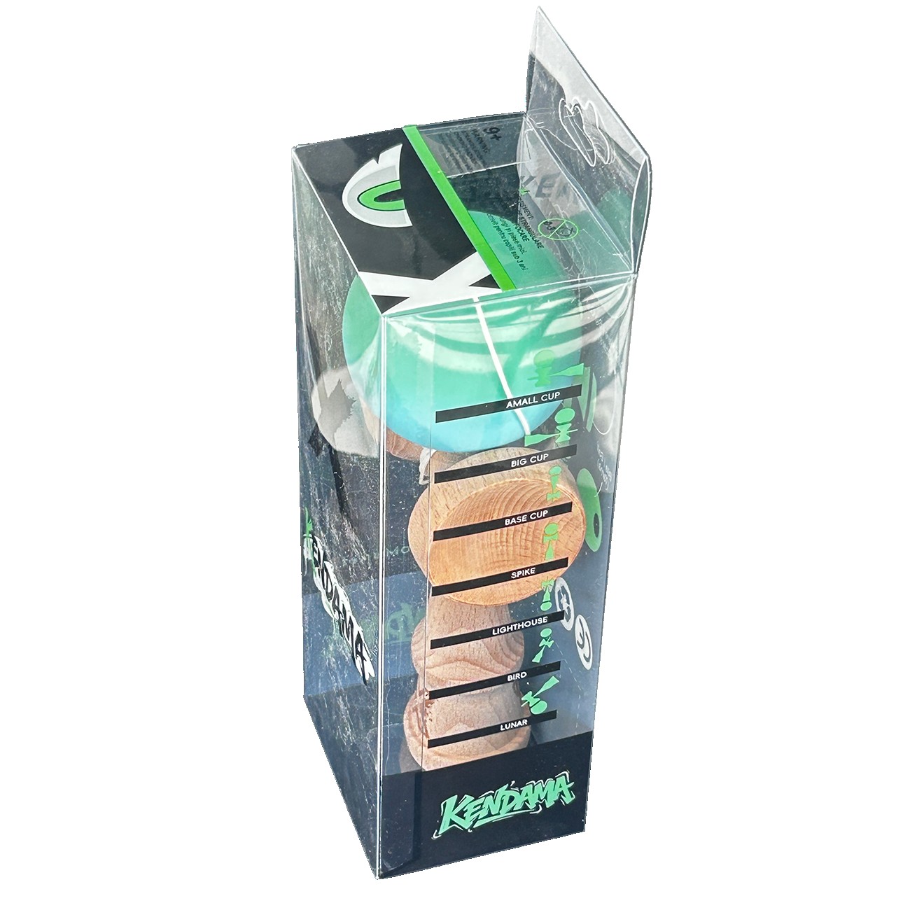 Jucarie Kendama X Originala, Profesionala, Flippy, din Lemn, Rubber Grip, 18 cm, Gradient Turcoaz/Alb