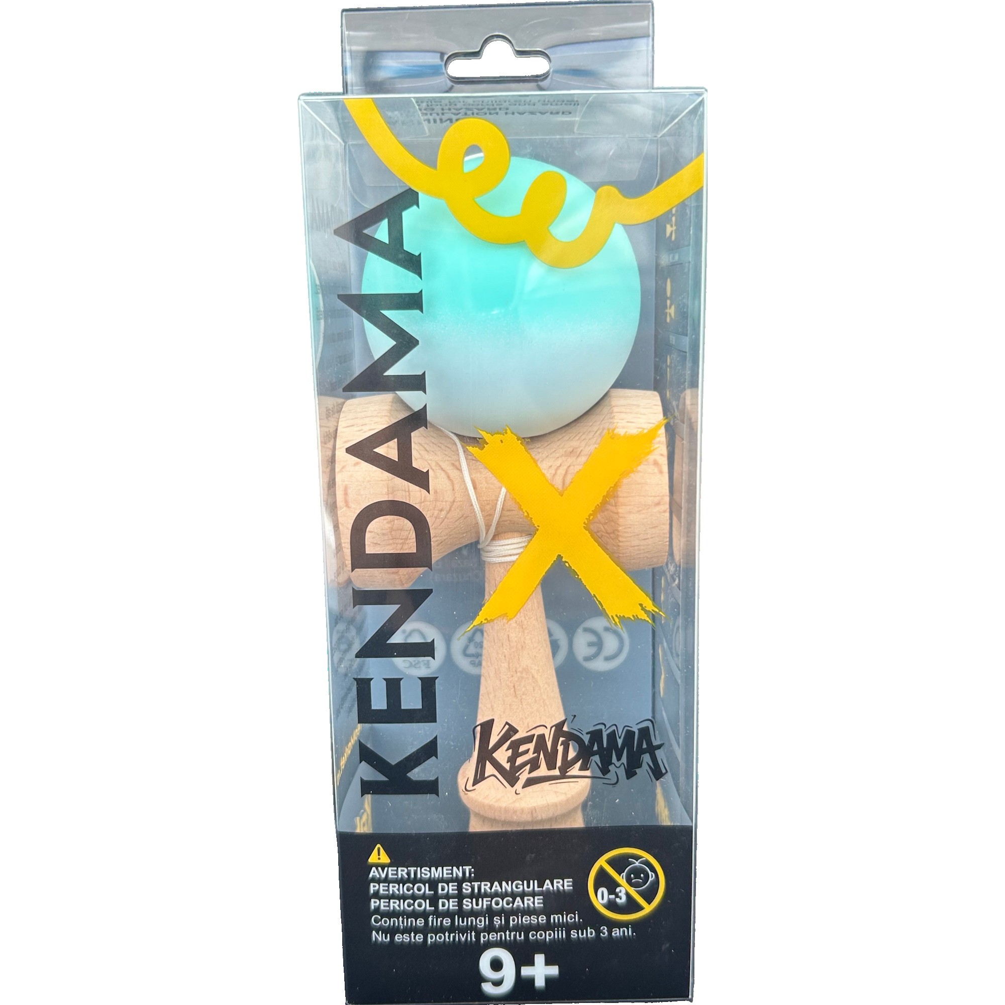 Jucarie Interactiva Kendama Profesionala, Flippy, din Lemn, 18 x 7 x 6 cm, Joc de Indemanare pentru Copii si Adulti, Gradient Turcoaz Alb