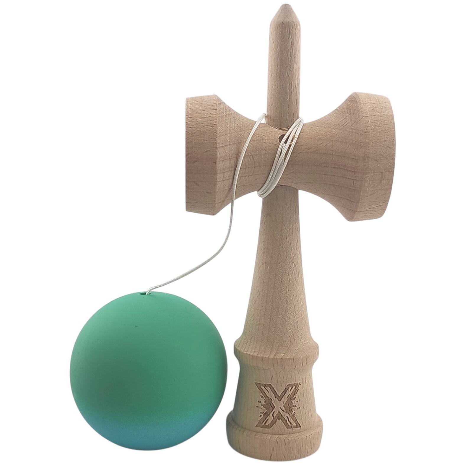 Kendama X Originala, Profesionala, Flippy, din Lemn, Rubber Grip, 18 cm, Gradient Turcoaz/Alb