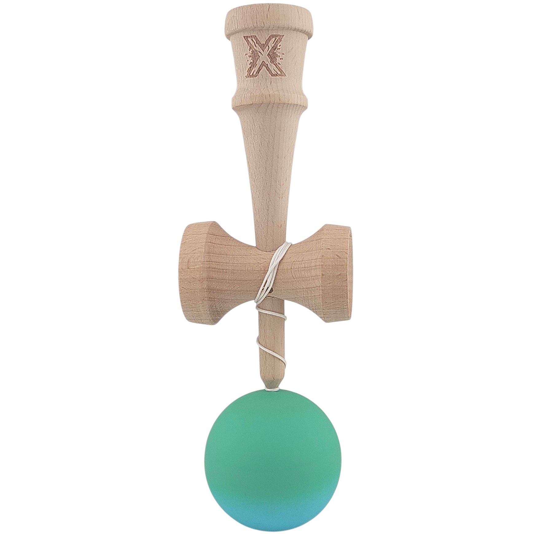 Kendama X Originala, Profesionala, Flippy, din Lemn, Rubber Grip, 18 cm, Gradient Turcoaz/Alb