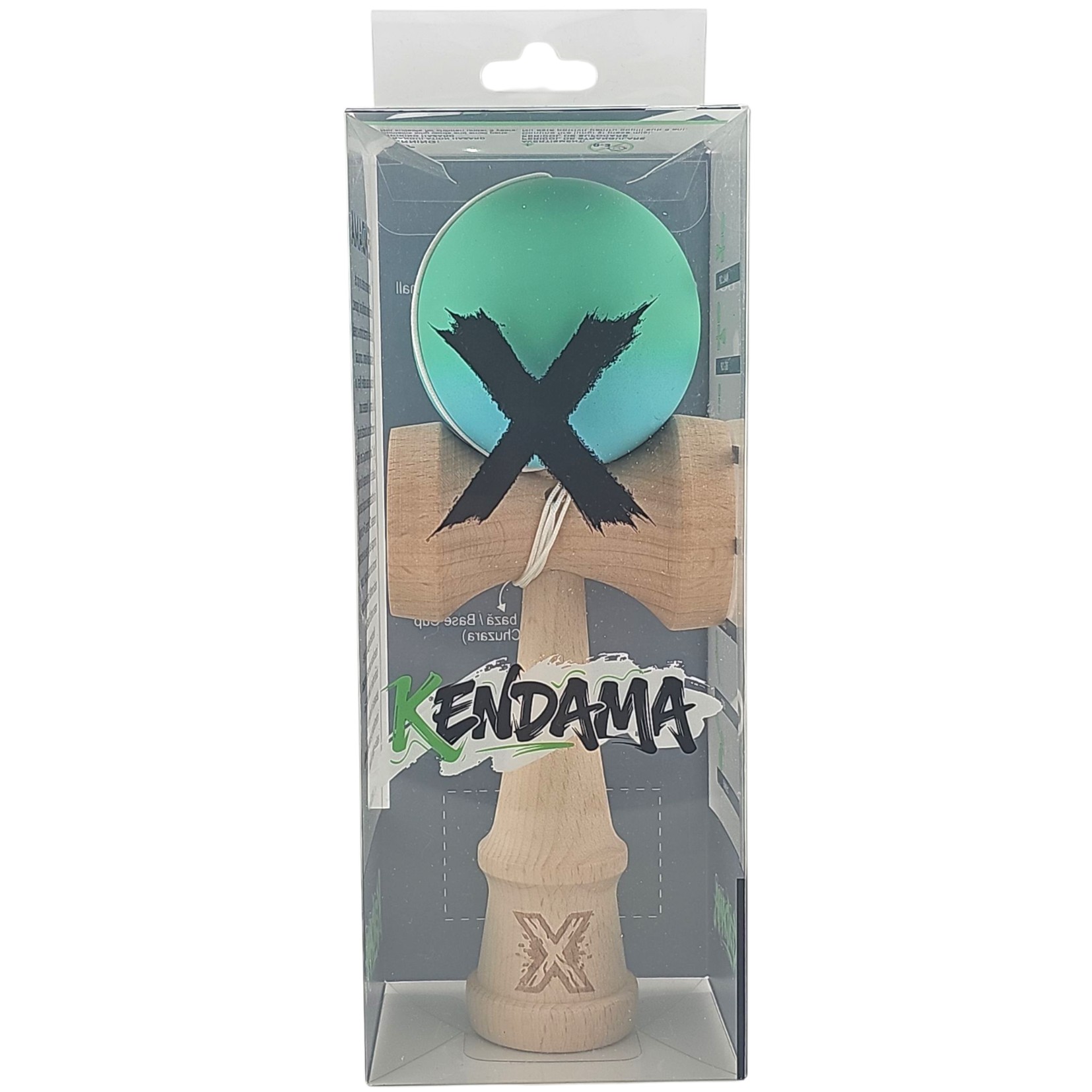 Kendama X Originala, Profesionala, Flippy, din Lemn, Rubber Grip, 18 cm, Gradient Turcoaz/Alb