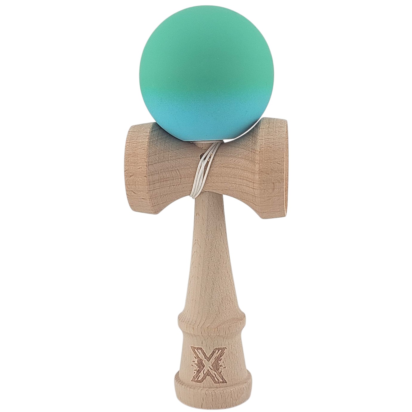 Kendama X Originala, Profesionala, Flippy, din Lemn, Rubber Grip, 18 cm, Gradient Turcoaz/Alb