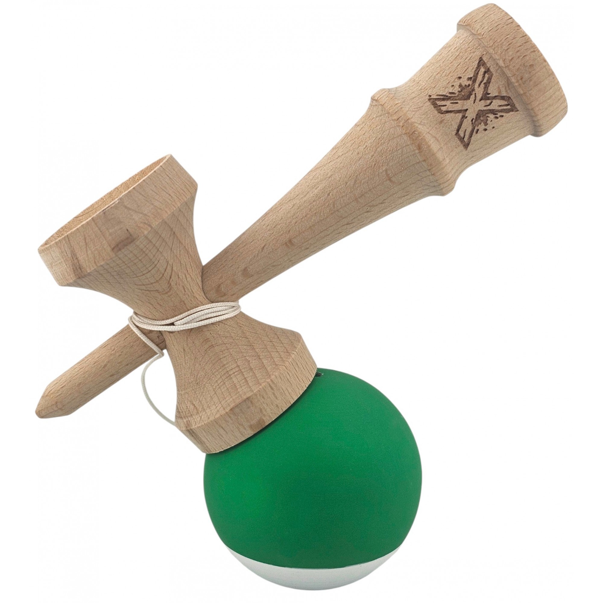 Kendama X Originala, Profesionala, Flippy, din Lemn, 18 cm, Rubber Grip, Verde Alb
