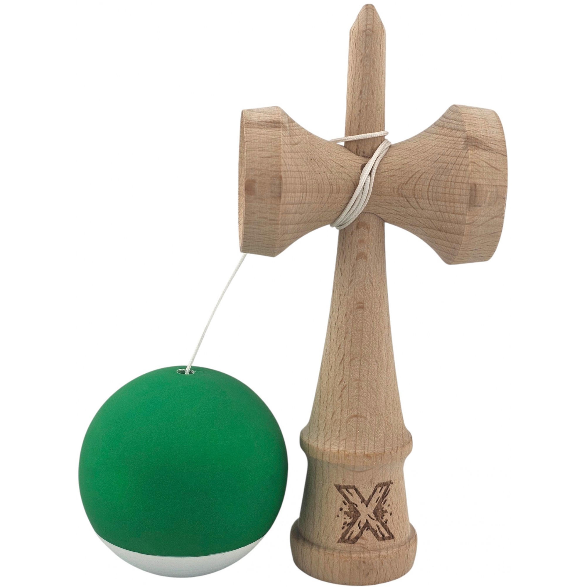 Kendama X Originala, Profesionala, Flippy, din Lemn, 18 cm, Rubber Grip, Verde Alb