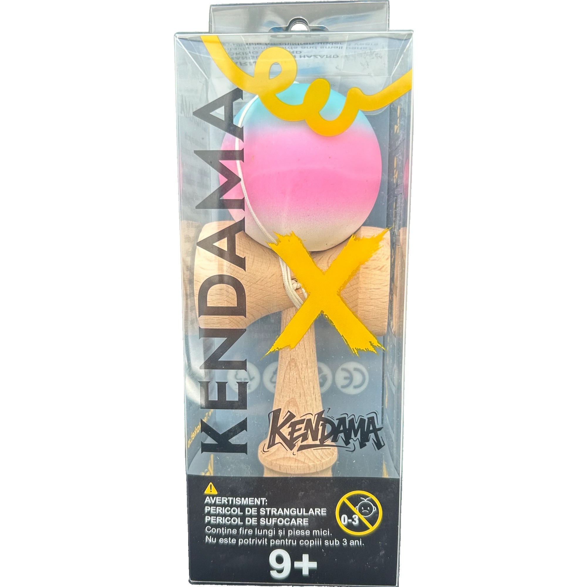 Jucarie Interactiva Kendama Profesionala, Flippy, din Lemn, 18 x 7 x 6 cm, Joc de Indemanare pentru Copii si Adulti, Gradient Albastru deschis Roz Alb