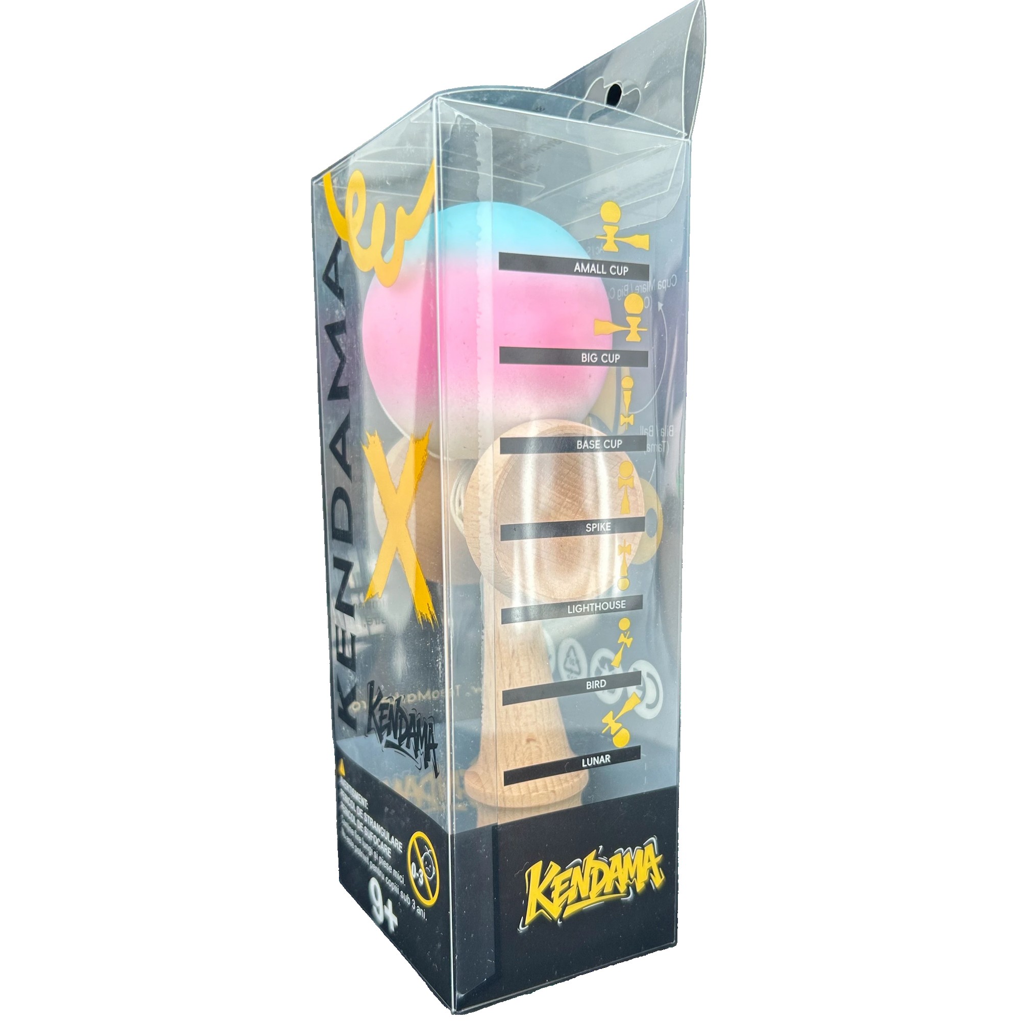 Jucarie Interactiva Kendama Profesionala, Flippy, din Lemn, 18 x 7 x 6 cm, Joc de Indemanare pentru Copii si Adulti, Gradient Albastru deschis Roz Alb
