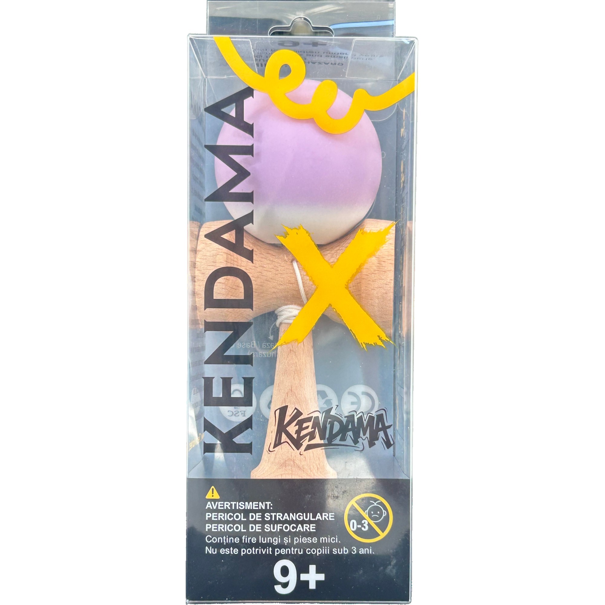 Jucarie Interactiva Kendama Profesionala, Flippy, din Lemn, 18 x 7 x 6 cm, Joc de Indemanare pentru Copii si Adulti, Gradient Lila Alb