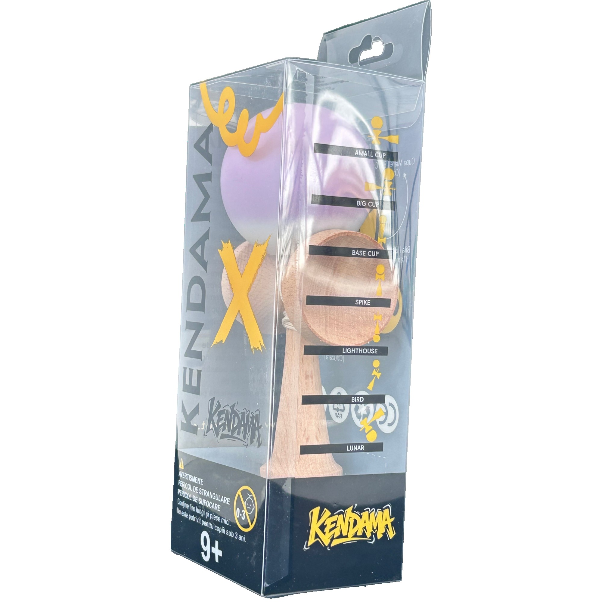 Jucarie Interactiva Kendama Profesionala, Flippy, din Lemn, 18 x 7 x 6 cm, Joc de Indemanare pentru Copii si Adulti, Gradient Lila Alb