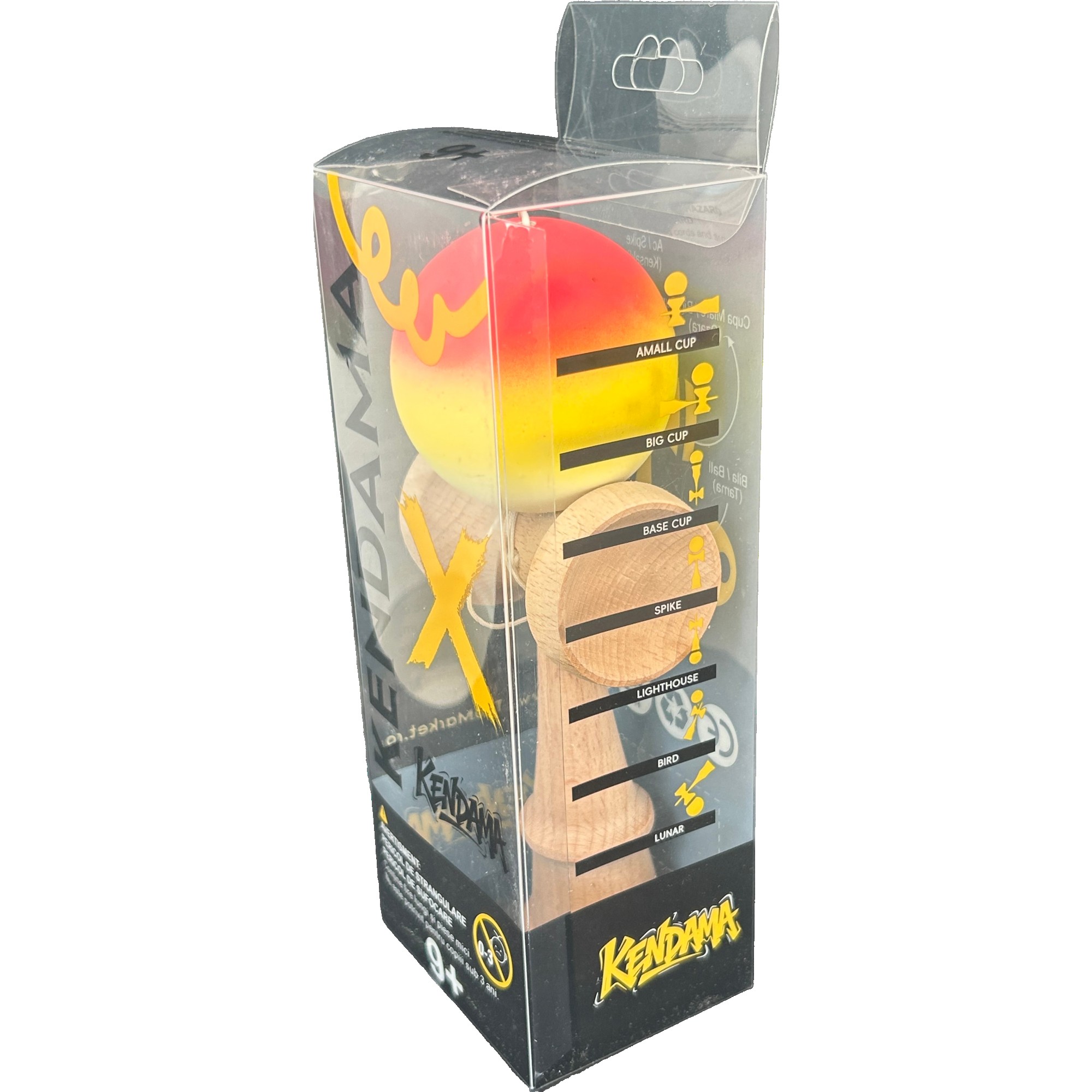 Jucarie Interactiva Kendama Profesionala, Flippy, din Lemn, 18 x 7 x 6 cm, Joc de Indemanare pentru Copii si Adulti, Gradient Rosu Galben Alb