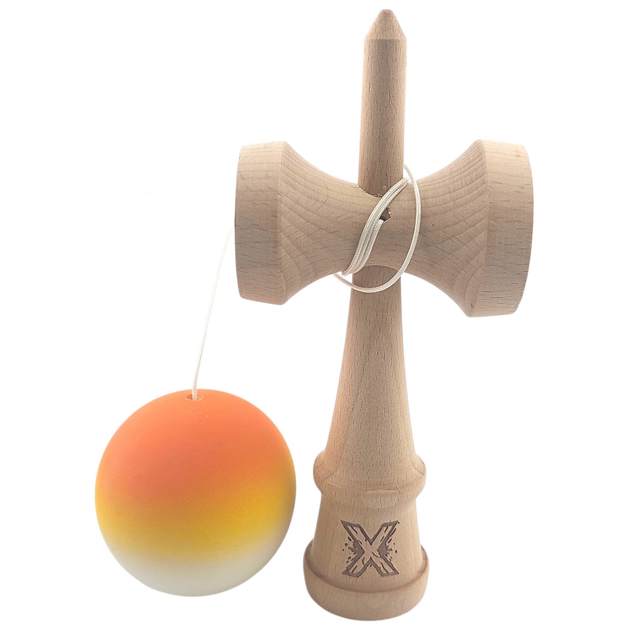 Kendama X Originala, Profesionala, Flippy, din Lemn, Rubber Grip, 18 cm, Gradient Portocaliu/Galben/Alb