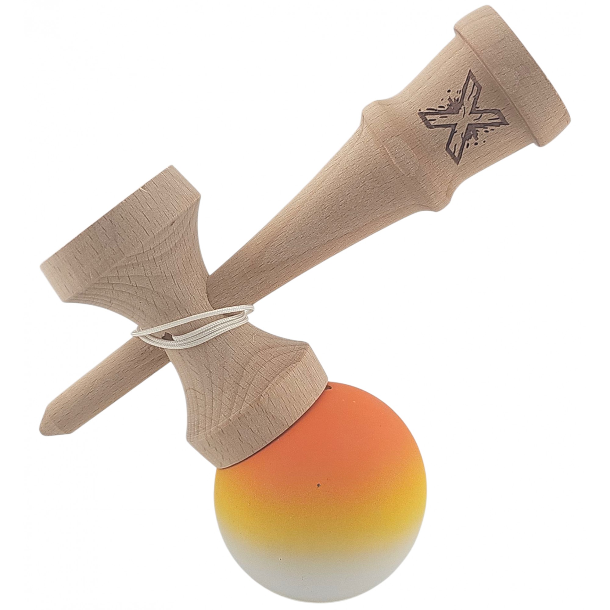 Kendama X Originala, Profesionala, Flippy, din Lemn, Rubber Grip, 18 cm, Gradient Portocaliu/Galben/Alb