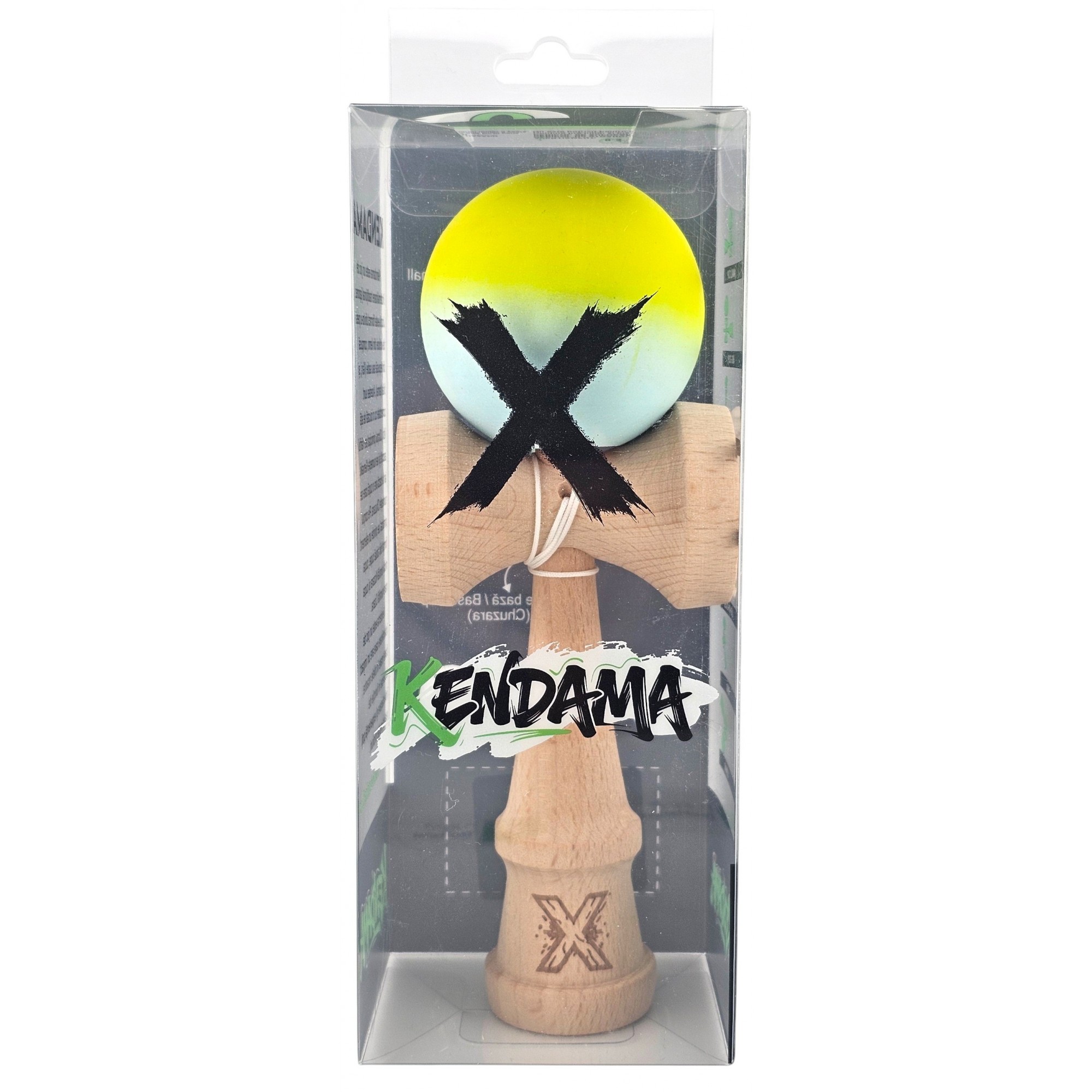 Kendama X Originala, Profesionala, Flippy, din Lemn, Rubber Grip, 18 cm, Galben Verde