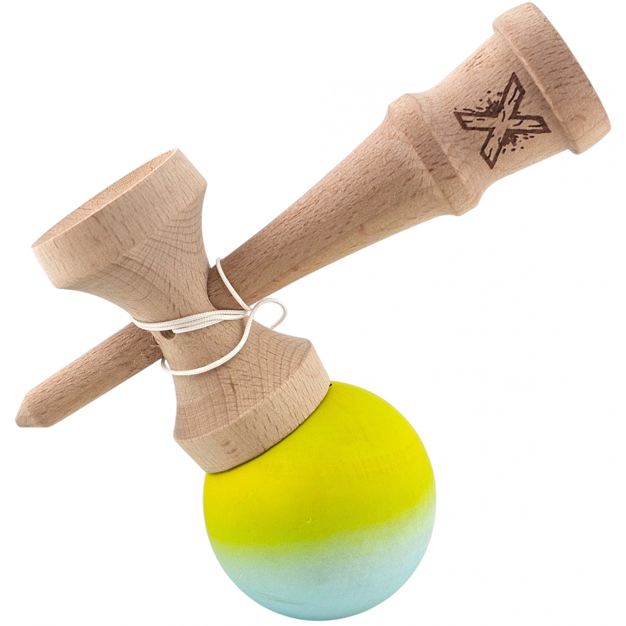 Kendama X Originala, Profesionala, Flippy, din Lemn, Rubber Grip, 18 cm, Galben Verde