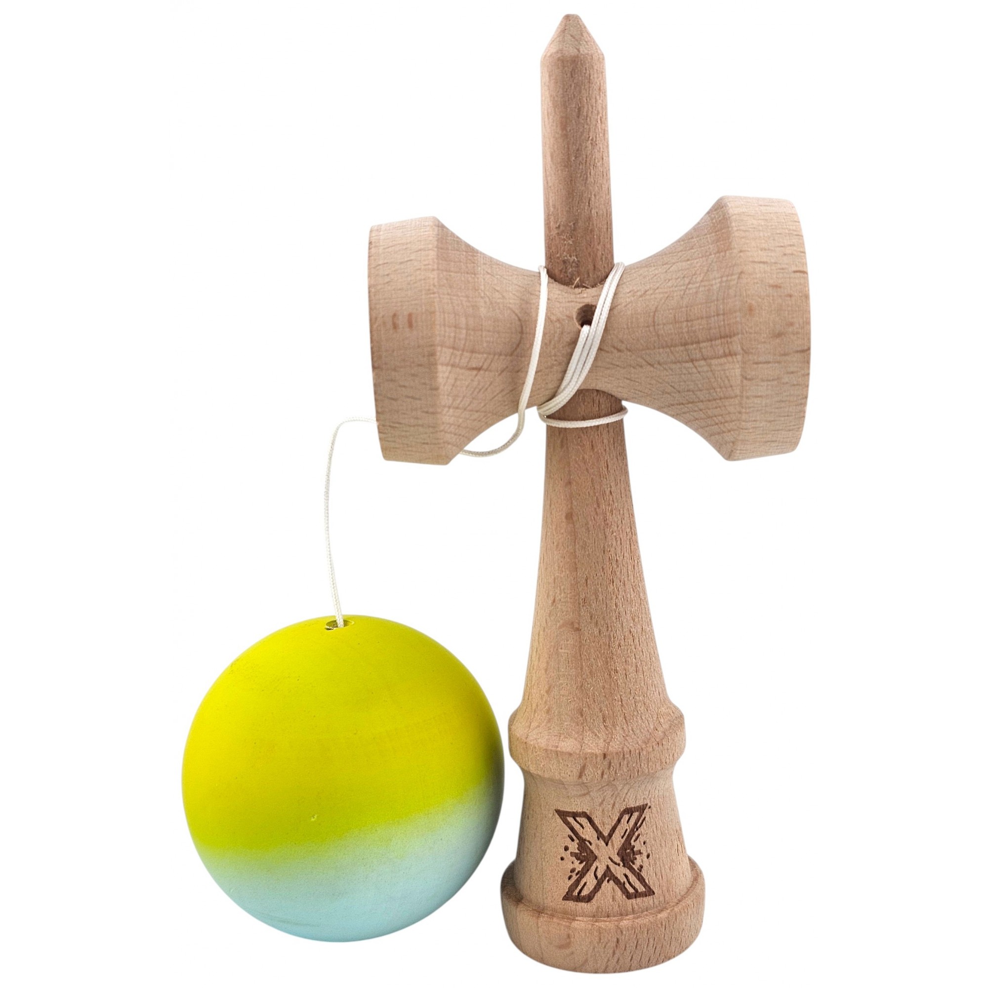 Kendama X Originala, Profesionala, Flippy, din Lemn, Rubber Grip, 18 cm, Galben Verde