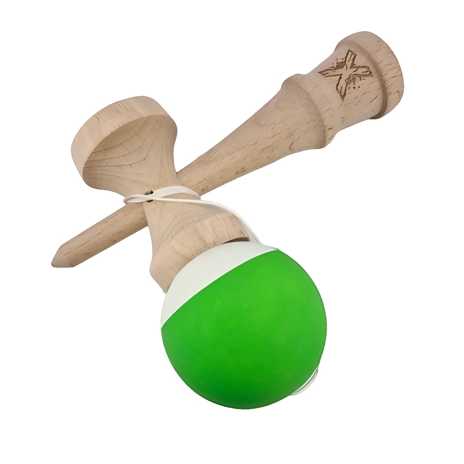 Kendama X Originala, Profesionala, Flippy, din Lemn, Rubber Grip, 18 cm, Verde/Alb