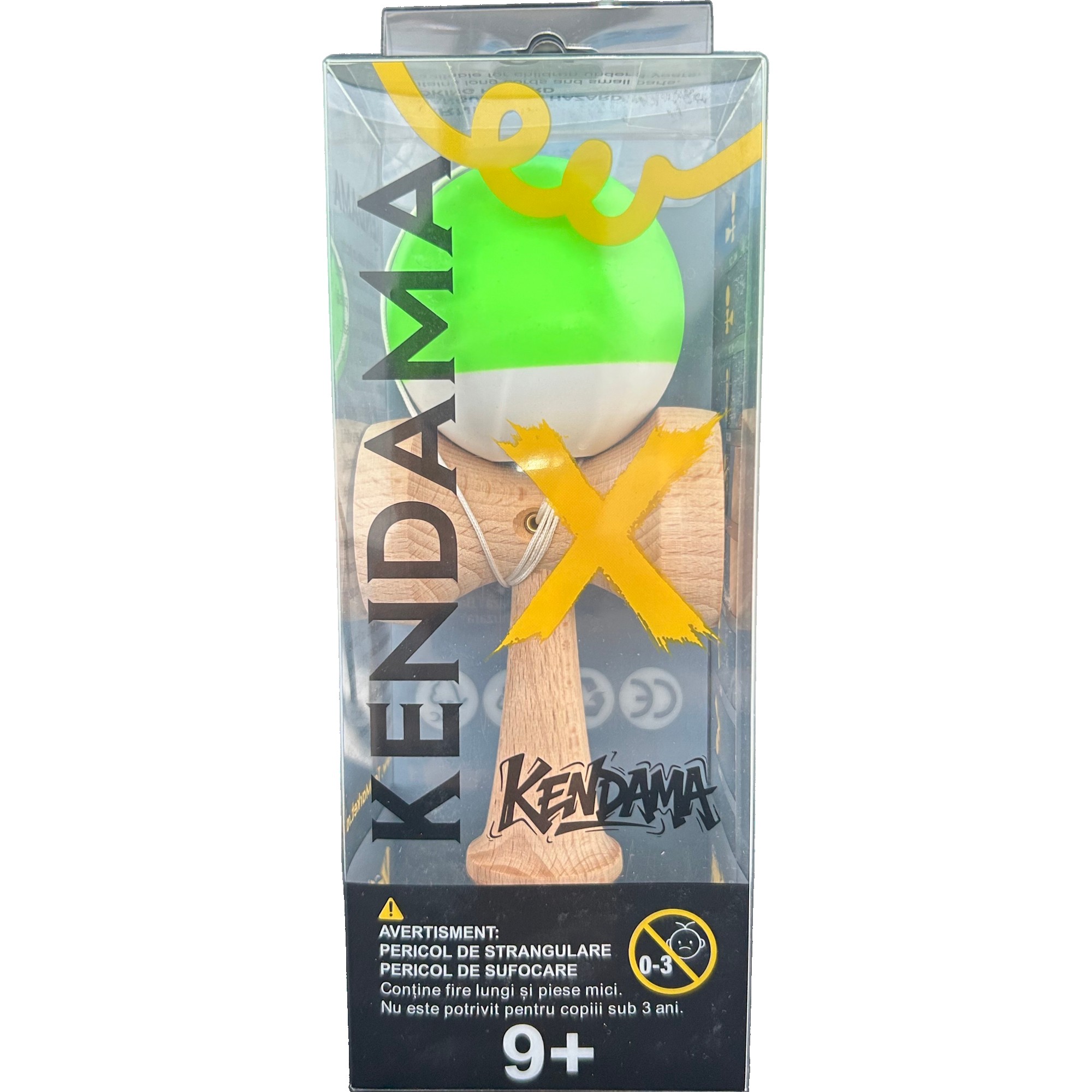 Jucarie Interactiva Kendama Profesionala, Flippy, din Lemn, 18 x 7 x 6 cm, Joc de Indemanare pentru Copii si Adulti, Bicolor Verde deschis Alb