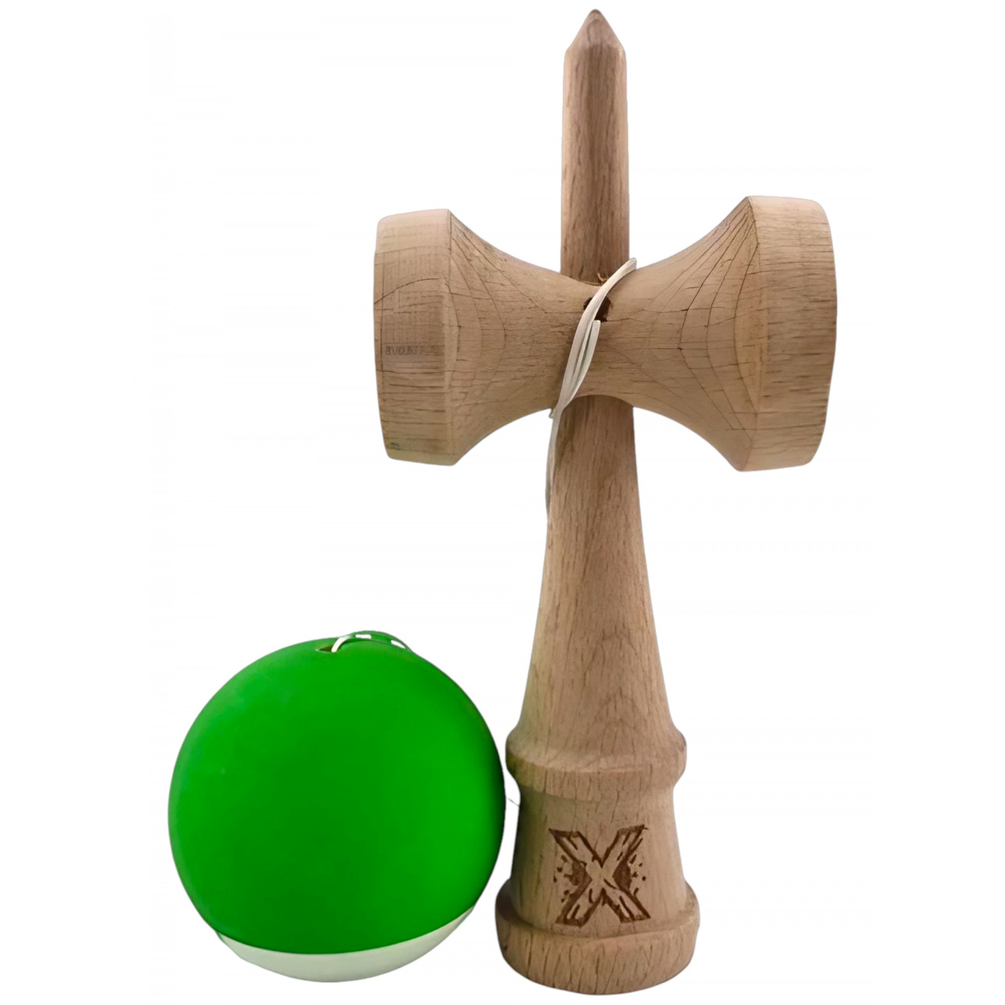 Kendama X Originala, Profesionala, Flippy, din Lemn, Rubber Grip, 18 cm, Verde/Alb