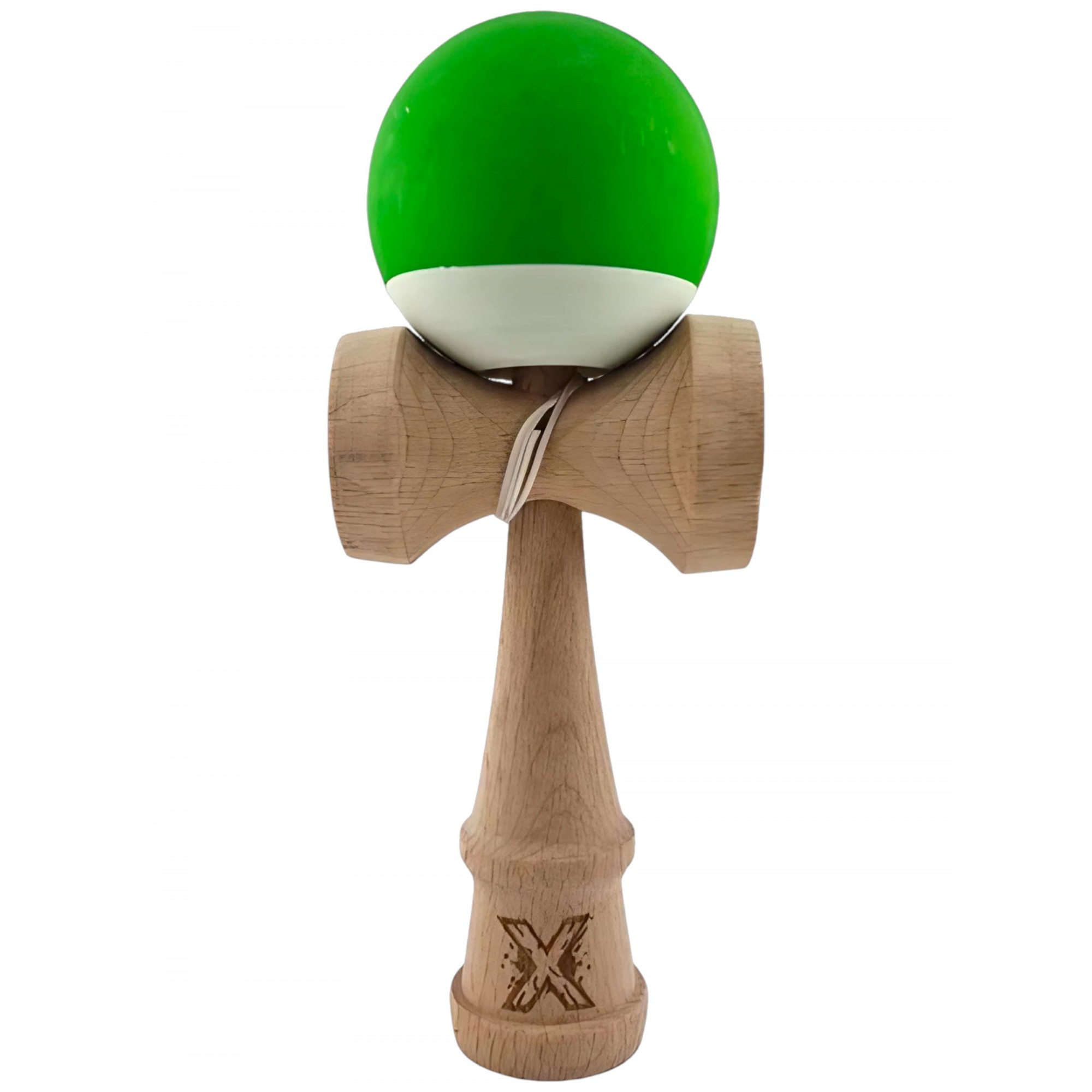 Kendama X Originala, Profesionala, Flippy, din Lemn, Rubber Grip, 18 cm, Verde/Alb