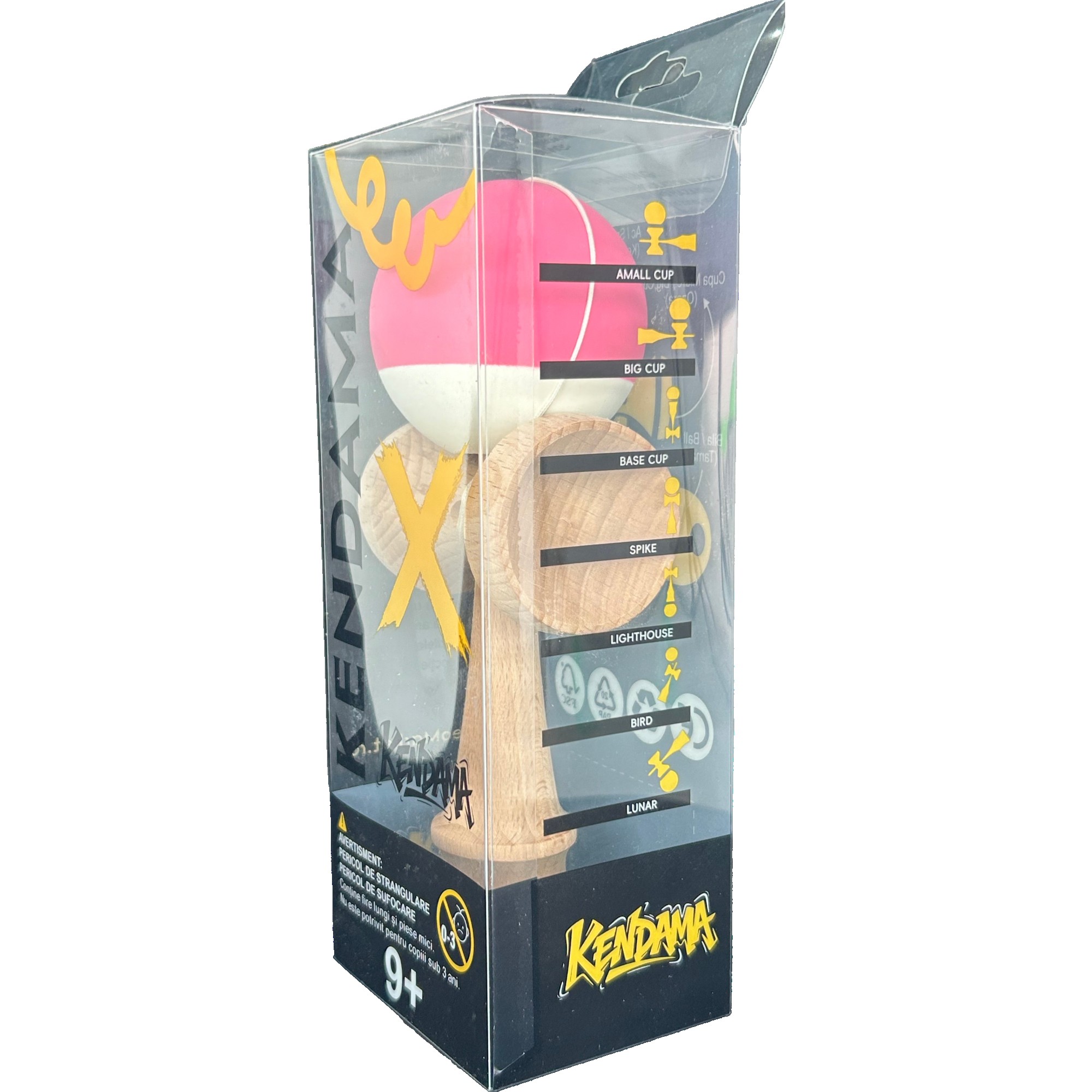Jucarie Interactiva Kendama Profesionala, Flippy, din Lemn, 18 x 7 x 6 cm, Joc de Indemanare pentru Copii si Adulti, Bicolor Roz inchis Alb