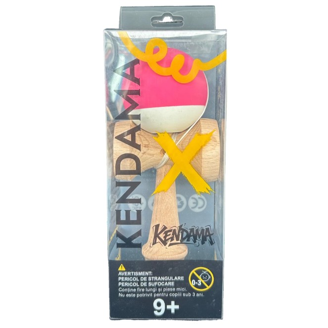 Kendama X Originala, Profesionala, Flippy, din Lemn, 18 cm, Rubber Grip, Roz inchis/Alb