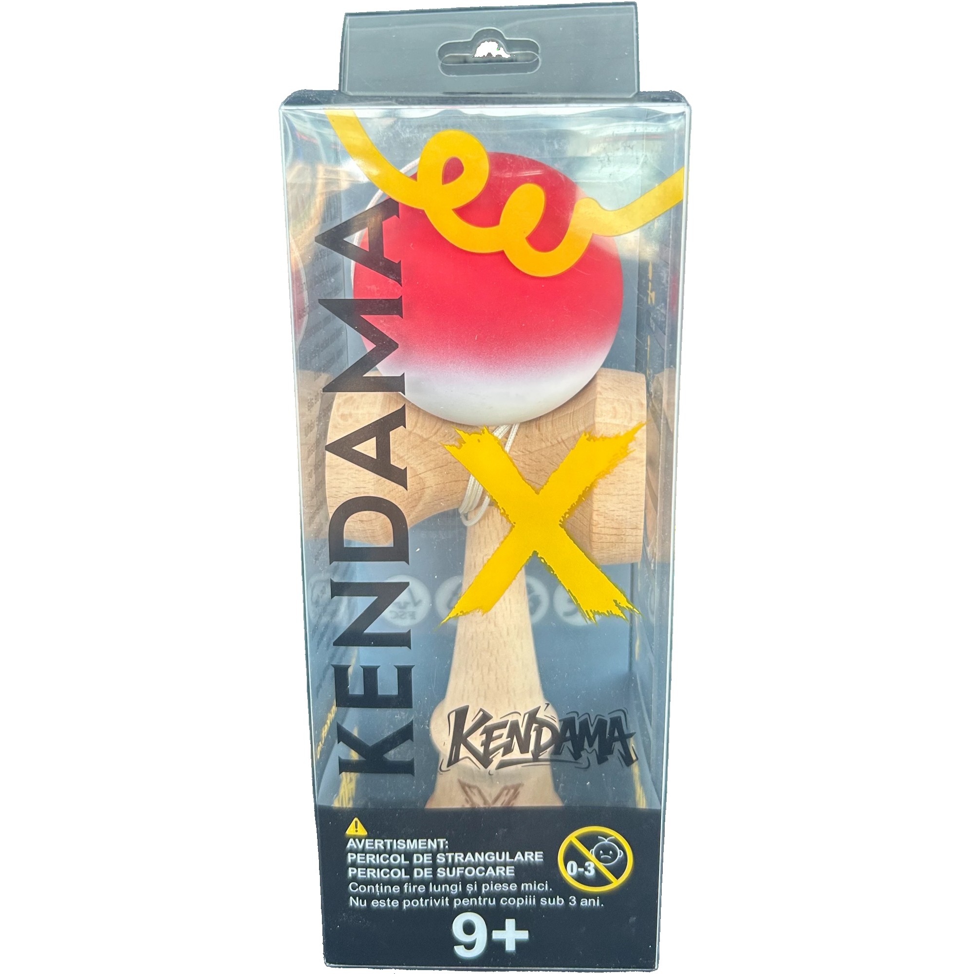 Jucarie Interactiva Kendama X Profesionala, Flippy, din Lemn cu Bila Cauciucata, 18 cm, Joc de Indemanare pentru Copii si Adulti, Gradient Rosu Alb