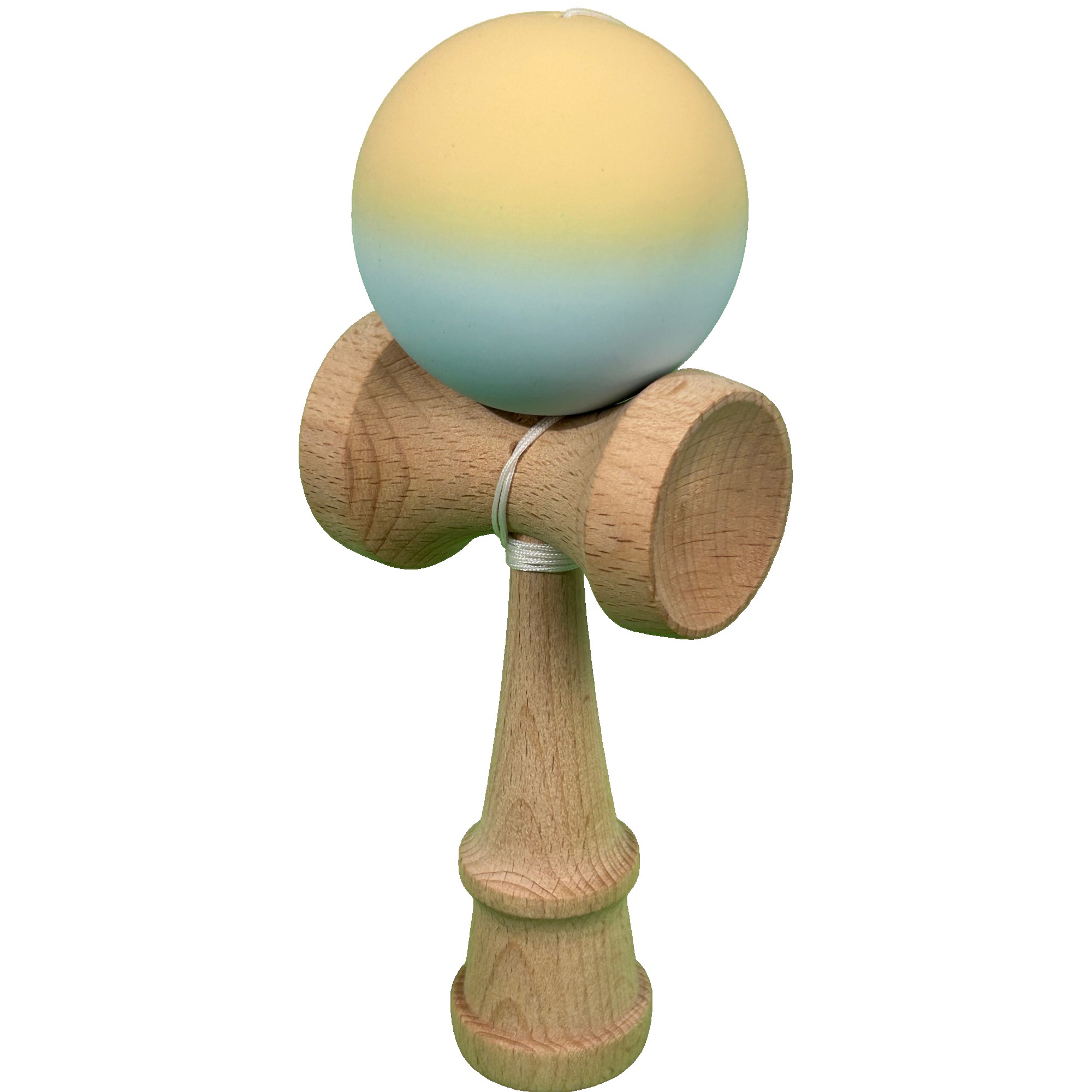 Jucarie Interactiva Kendama Profesionala, Flippy, din Lemn cu Bila Cauciucata, 18 x 6 x 7 cm, Joc de Indemanare pentru Copii si Adulti, Gradient Galben Albastru deschis