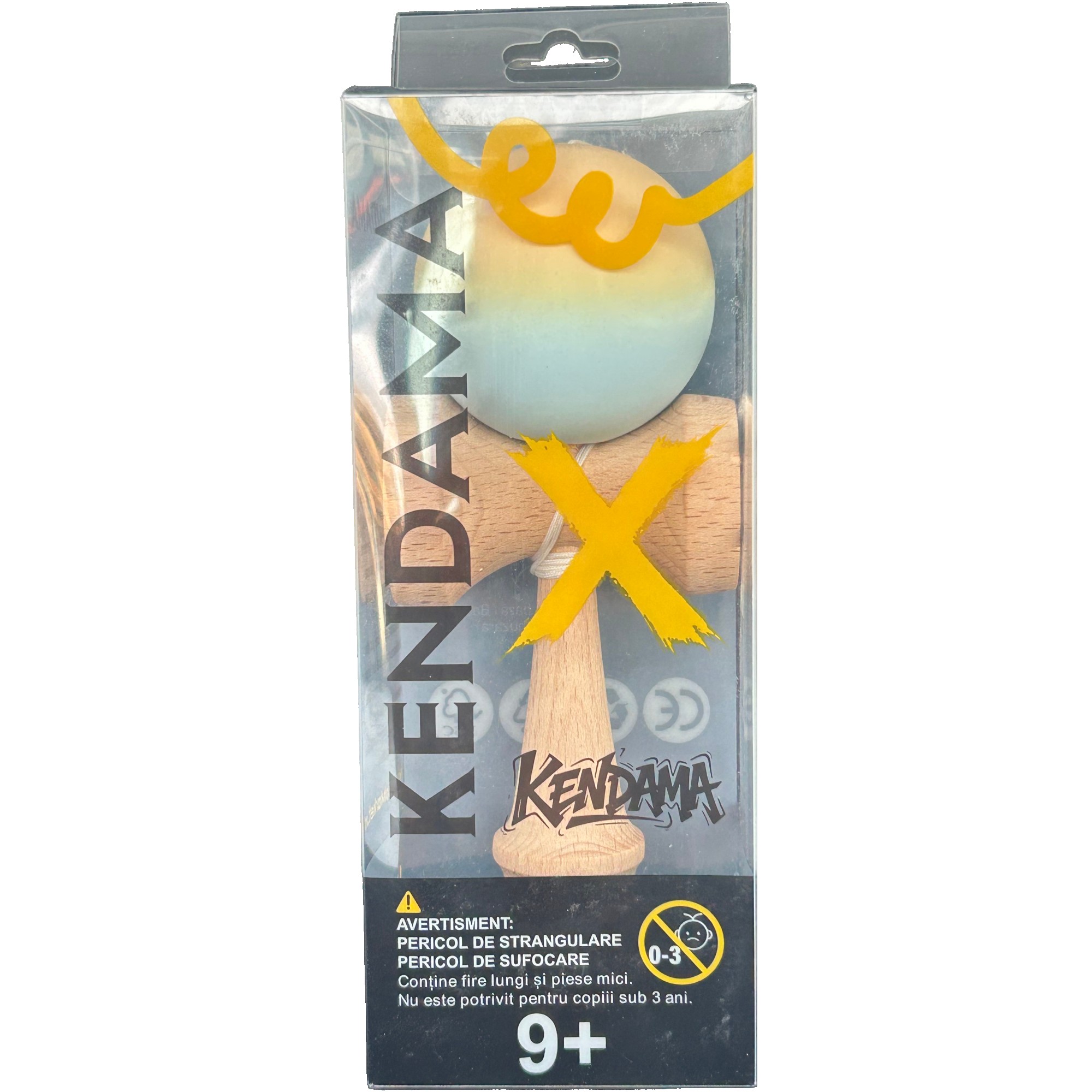 Jucarie Interactiva Kendama Profesionala, Flippy, din Lemn cu Bila Cauciucata, 18 x 6 x 7 cm, Joc de Indemanare pentru Copii si Adulti, Gradient Galben Albastru deschis