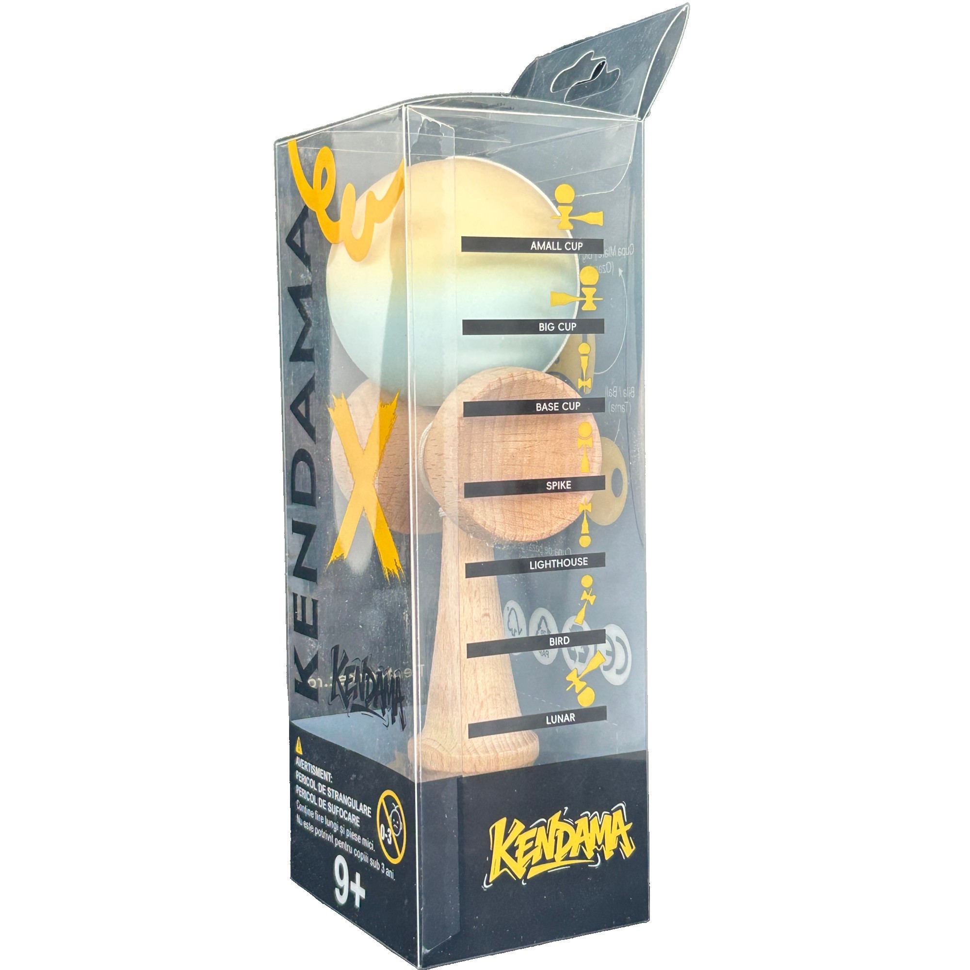 Jucarie Interactiva Kendama Profesionala, Flippy, din Lemn cu Bila Cauciucata, 18 x 6 x 7 cm, Joc de Indemanare pentru Copii si Adulti, Gradient Galben Albastru deschis