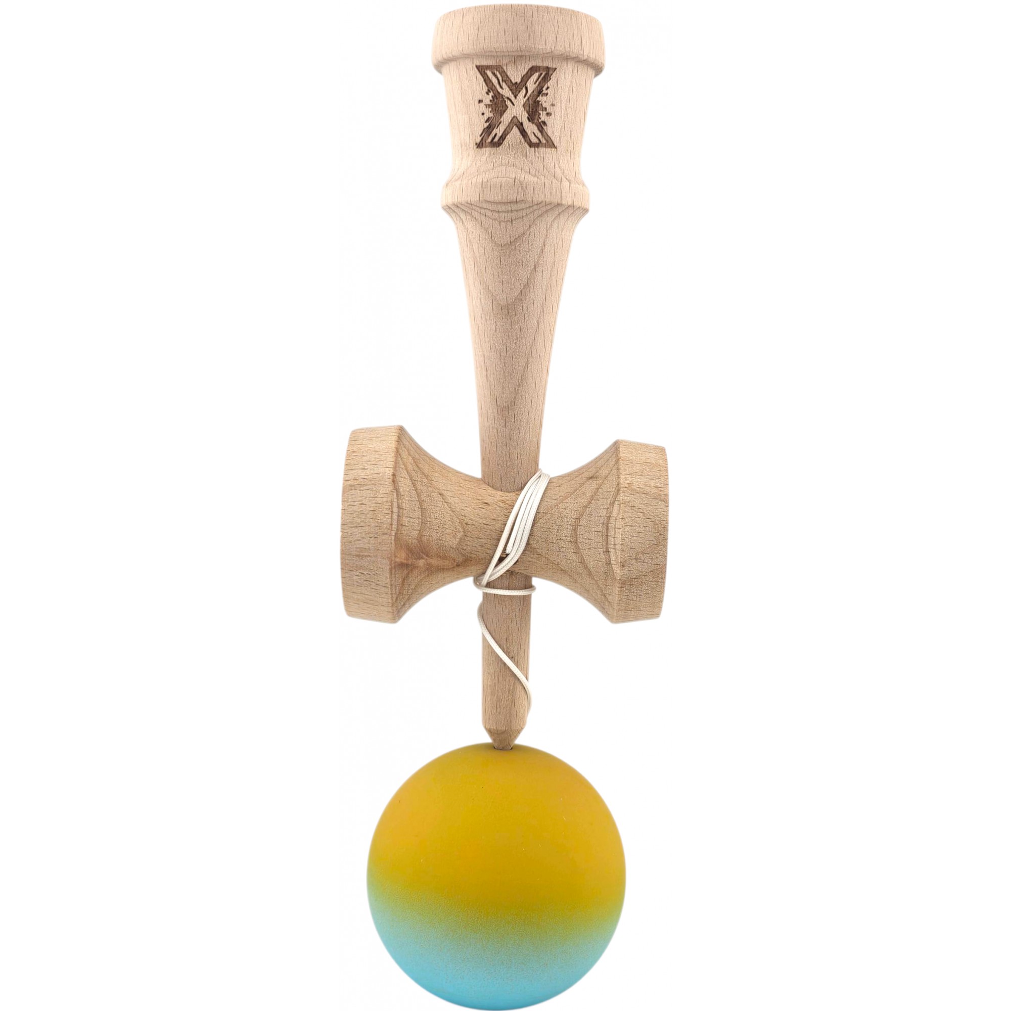 Kendama X Originala, Profesionala, Flippy, din Lemn, Rubber Grip, 18 cm, Galben/Albastru
