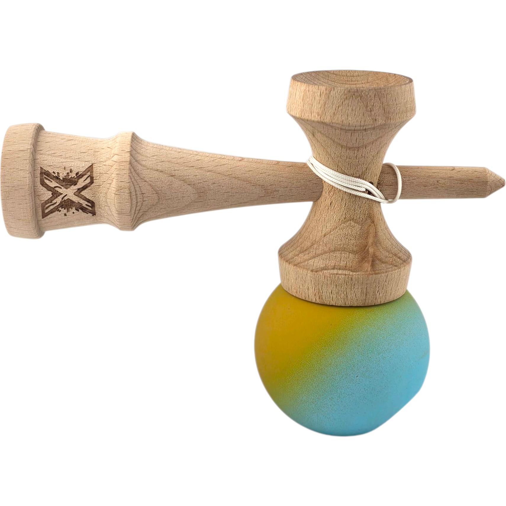 Kendama X Originala, Profesionala, Flippy, din Lemn, Rubber Grip, 18 cm, Galben/Albastru